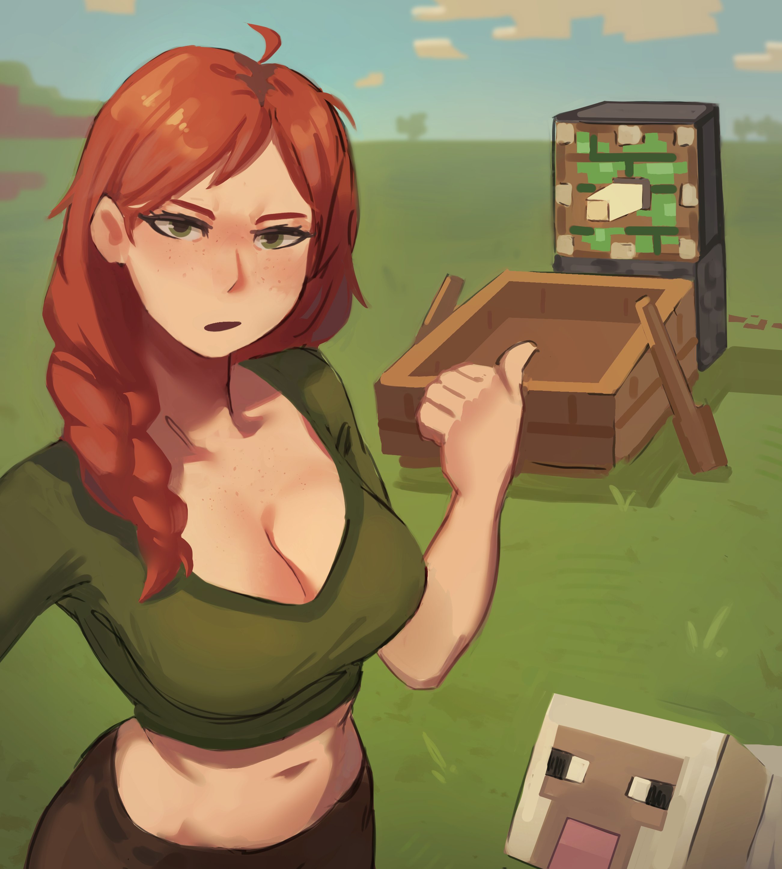 alex (minecraft), annoyed, annoyed expression, belly, belly button, boat, braid, braided hair, braids, breasts, cleavage, clothed, clothed female, disappointed, female, freckles, freckles on breasts, freckles on chest, freckles on face, ginger, ginger hair, green eyes, hexlaze, imminent penetration, medium breasts, meme, midriff, midriff baring shirt, minecraft, minecraft sheep fucker machine, mojang, navel, no bra, orange hair, petite, petite body, petite female, piston (minecraft), ponytail, sheep, sheep (minecraft), shirt, unimpressed