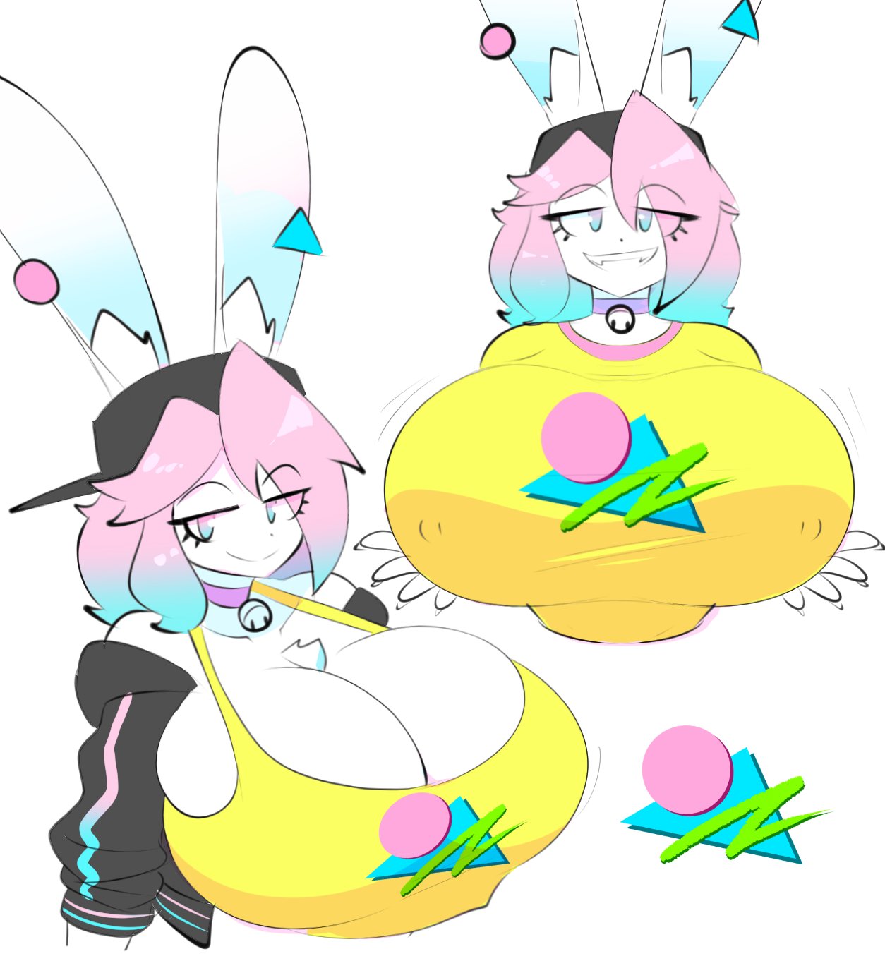 1boy, big breasts, breasts, busty male, cleavage, furry, gradient hair, huge breasts, male, male with breasts, peanut butter (theycallhimcake), pink hair, theycallhimcake, two-tone hair, white fur