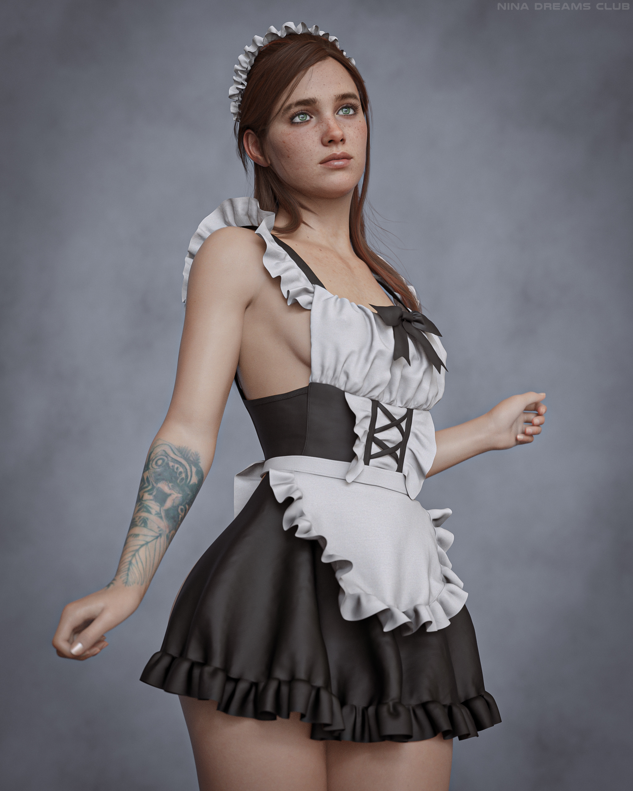 1girls, 3d, athletic, athletic female, bare legs, blue eyes, breasts, brown hair, clothed, clothing, cosplay, curvy, ellie (the last of us), ellie williams, eyebrows, female, female focus, female only, freckles, frills, long hair, maid, maid apron, maid headdress, maid outfit, maid uniform, medium breasts, naughty dog, nina3dx, pinup, pinup pose, sideboob, skinny, small breasts, solo, solo female, standing, tagme, tattoo, the last of us, the last of us 2, thighs, uniform, waist apron, wide hips
