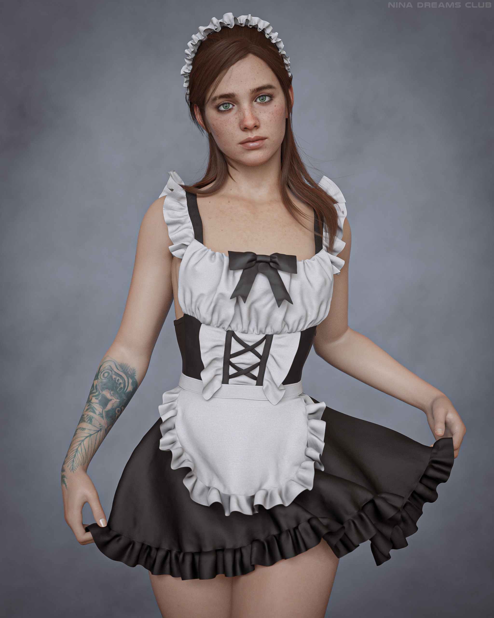 1girls, 3d, athletic, athletic female, bare legs, blue eyes, breasts, brown hair, clothed, clothing, cosplay, curvy, ellie (the last of us), ellie williams, eyebrows, female, female focus, female only, freckles, frills, long hair, maid, maid apron, maid headdress, maid outfit, maid uniform, medium breasts, naughty dog, nina3dx, pinup, pinup pose, sideboob, skinny, small breasts, solo, solo female, standing, tagme, tattoo, the last of us, the last of us 2, thighs, waist apron, wide hips