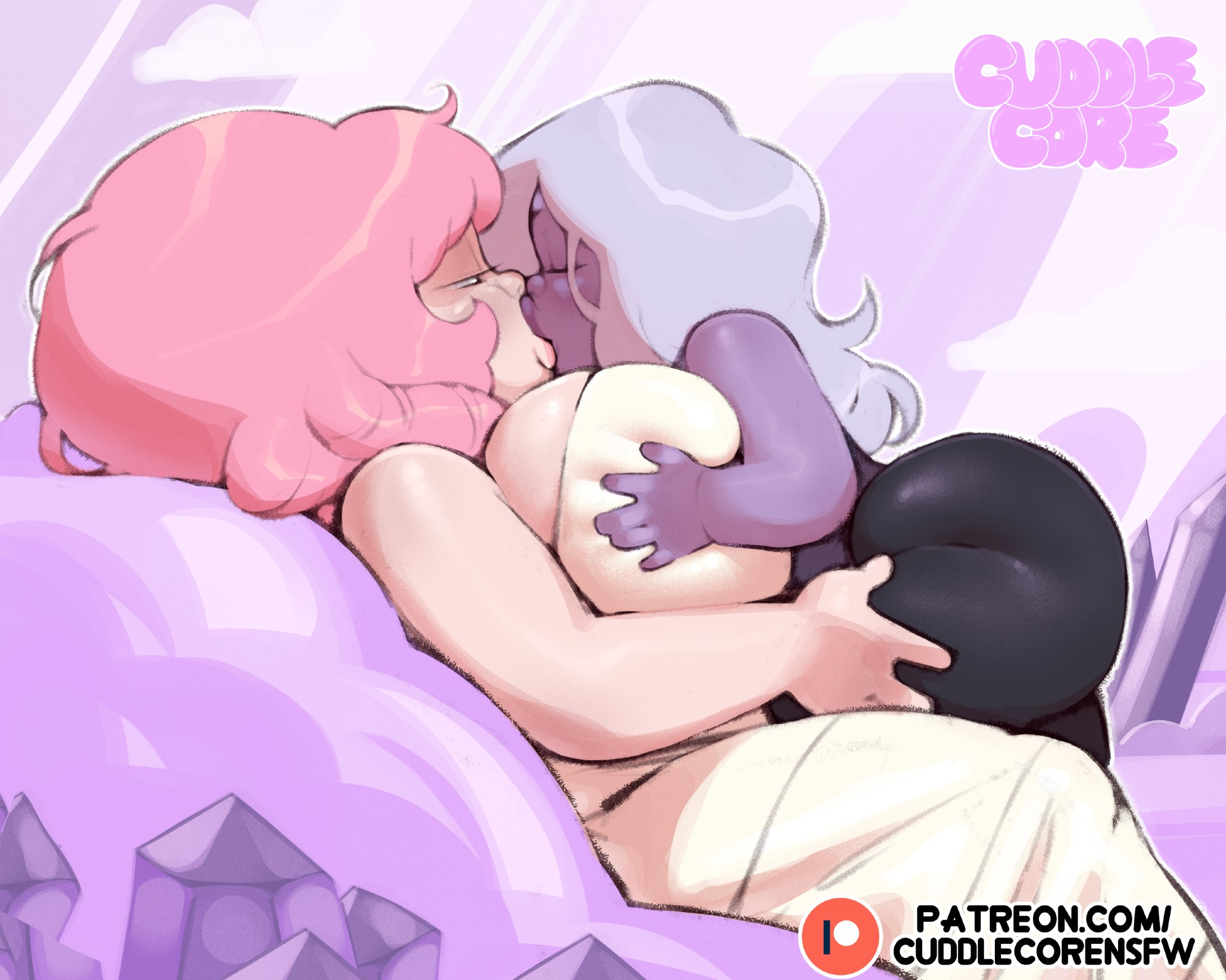 2025, 2d, 2d (artwork), 2girls, amethyst (steven universe), ass, big ass, big butt, breasts, cartoon network, cuddlecore, female, female only, gem (species), high resolution, highres, kissing, pink hair, purple body, purple eyes, rose quartz (steven universe), steven universe, yuri