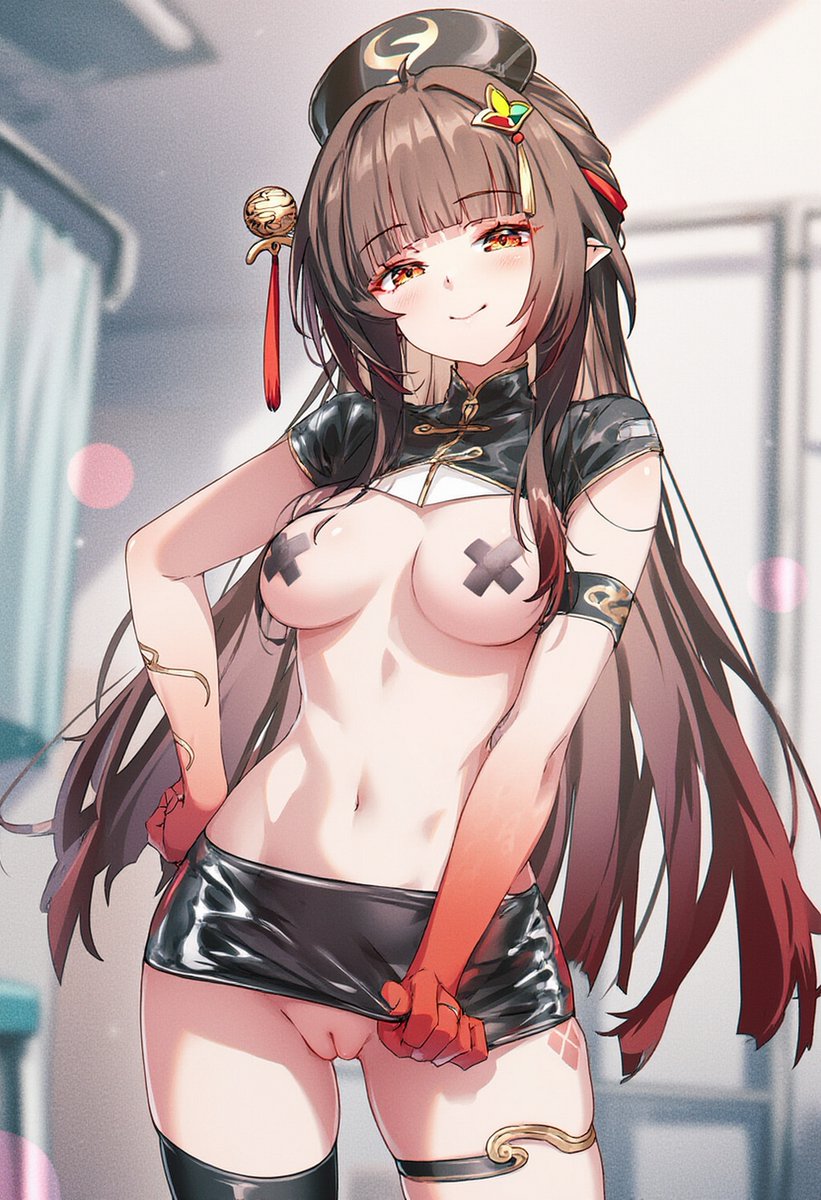 1girls, ai generated, bandage on nipples, breasts, brown hair, cosplay, female, female only, honkai: star rail, lingsha (honkai: star rail), long hair, no panties, nurse hat, nurse outfit, nurse uniform, orange eyes, pasties, pointy ears, pussy, pussy focus, pussy peek, raaicave, skirt, solo, thigh strap, thighhighs