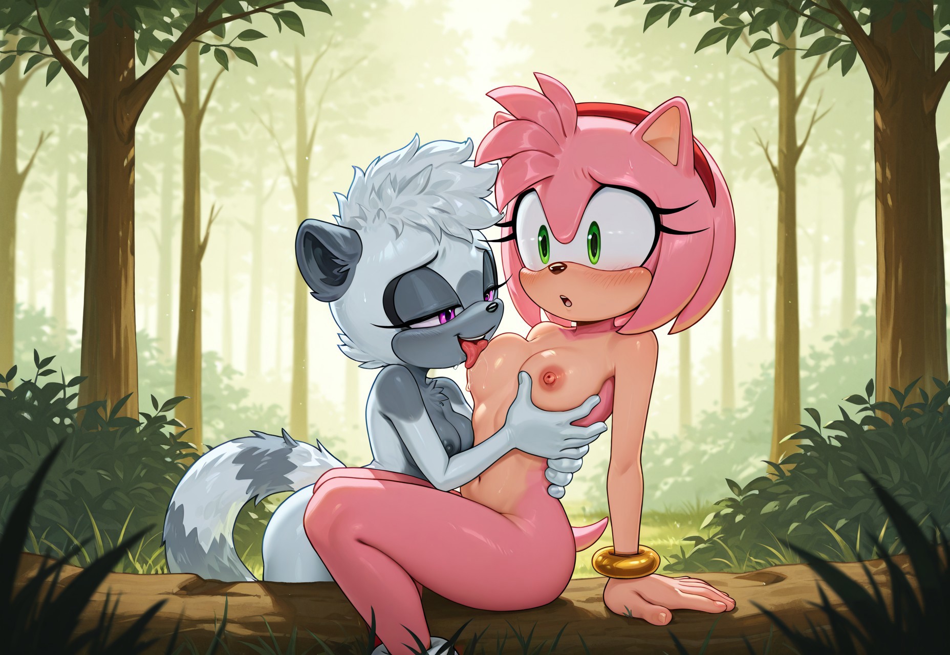 2girls, ai generated, amy rose, breasts, female, female only, licking breast, licking nipples, naked, nipples, nude, outdoors, saliva, sonic (series), tangle the lemur, tongue, yuri