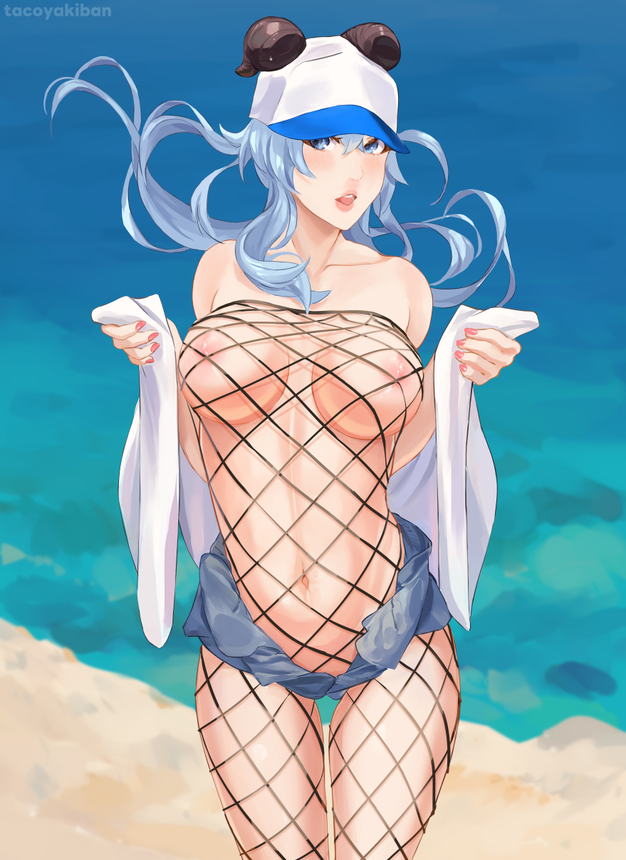 1girls bare_shoulders beach belly belly_button blue_hair breasts cap clothes_lift crotch eyelashes female female_focus fishnets ganyu_(genshin_impact) genshin_impact half-dressed half_naked hat hotpants hoyoverse light-skinned_female light_skin long_hair looking_at_viewer medium_breasts nipples open_clothes open_shirt revealing_clothes seductive seductive_look shirt_lift solo standing tacoyakiban teenage_girl teenager thick_thighs thigh_gap thighs watermark white_shirt