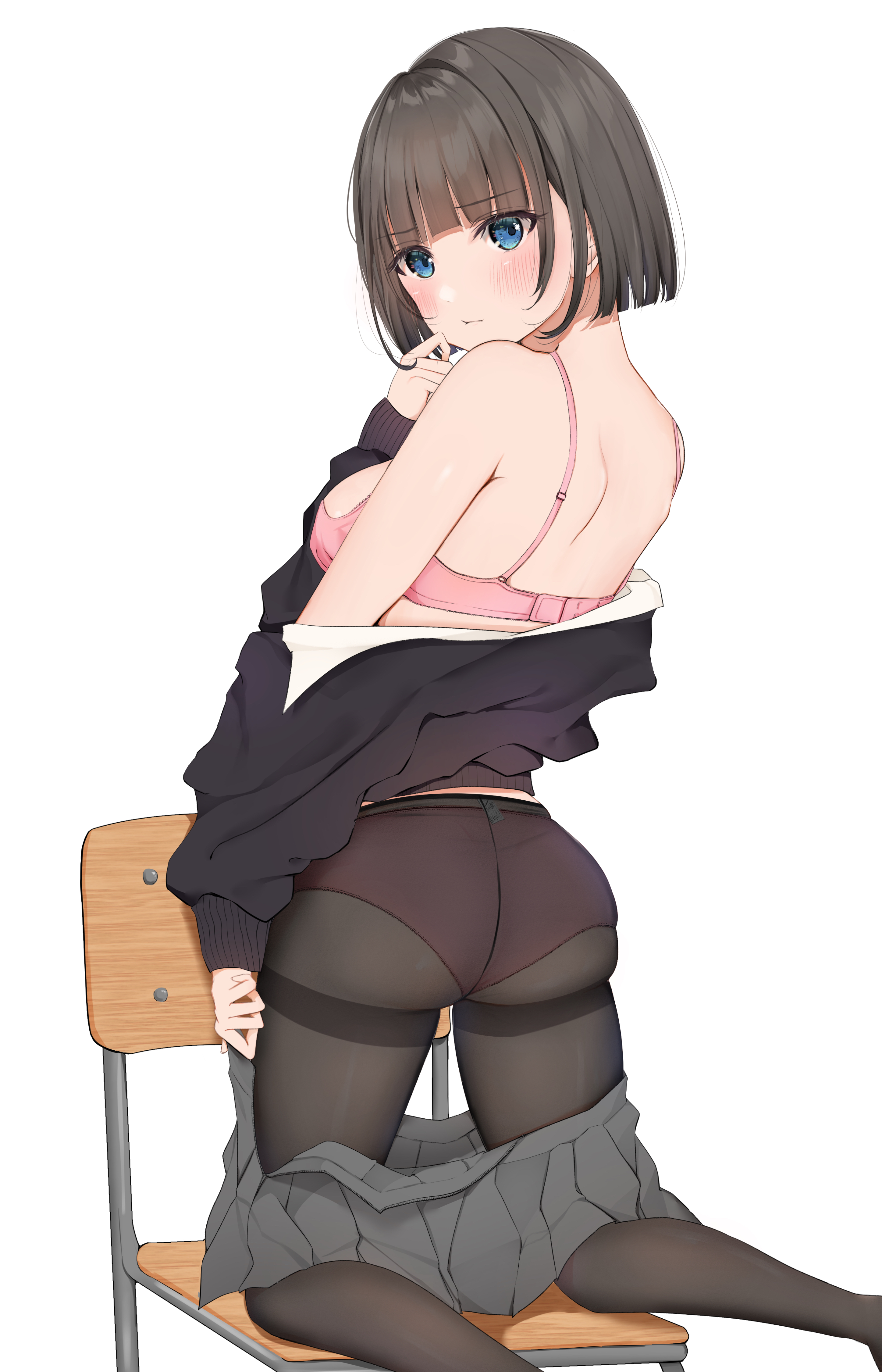 1girls, absurdres, ass, bad id, bad pixiv id, black hair, black pantyhose, black skirt, black sweater, blue eyes, blush, bob cut, bra, breasts, closed mouth, clothes pull, commentary request, feet out of frame, female, from behind, hand to own mouth, highres, kneeling, long sleeves, looking at viewer, looking back, medium breasts, off shoulder, on chair, original, panties, panties under pantyhose, pantyhose, pink bra, pink panties, pleated skirt, school uniform, see-through clothes, short hair, simple background, skirt, skirt pull, solo, sweater, thighband pantyhose, uiri na, uiri-na, underwear, white background