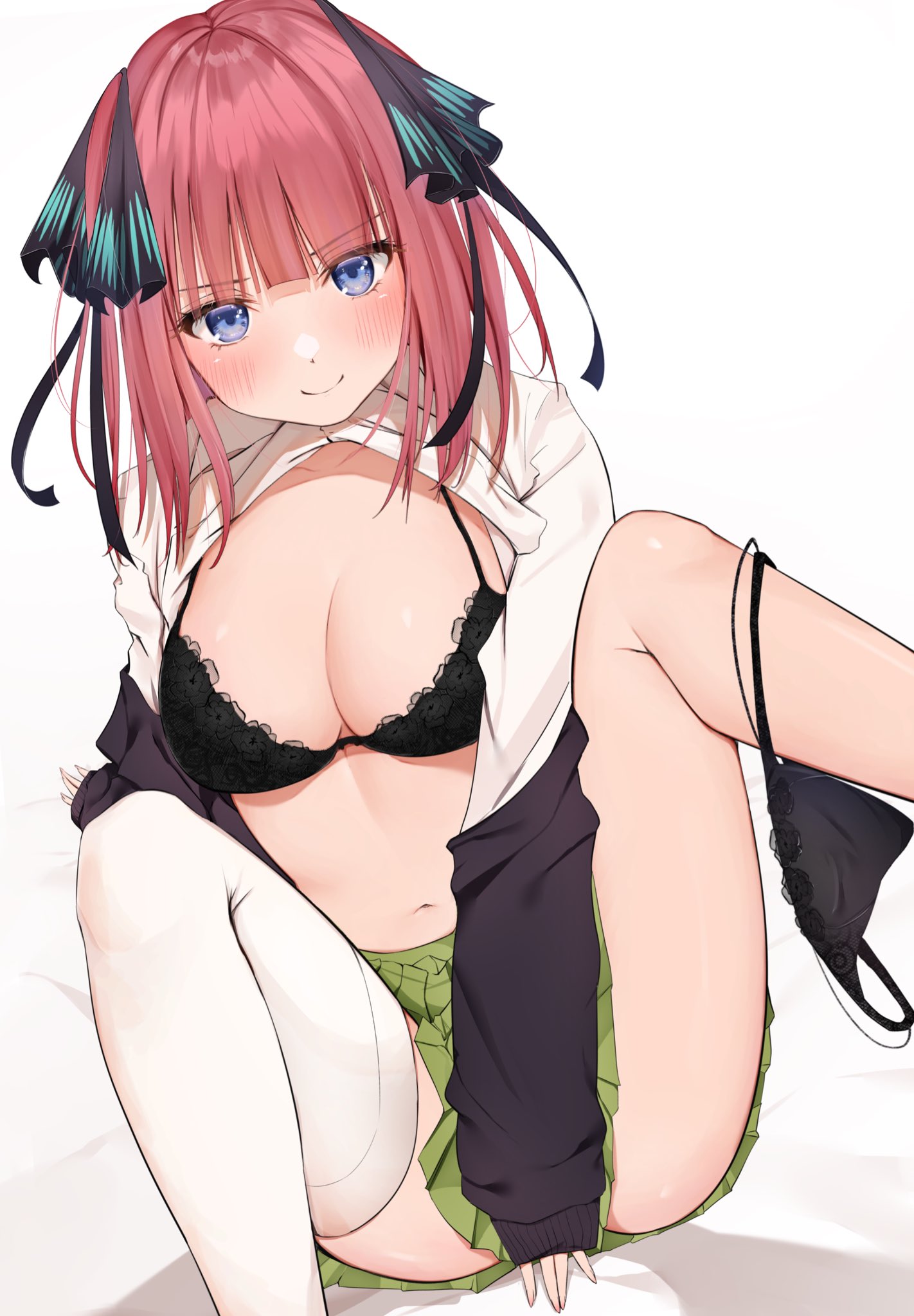1girls, bad id, bad twitter id, black bra, black panties, black ribbon, blue eyes, blunt bangs, blush, bra, breasts, butterfly hair ornament, cleavage, closed mouth, commentary request, female, go-toubun no hanayome, green skirt, hair ornament, hair ribbon, highres, large breasts, long hair, long sleeves, looking at viewer, nakano nino, navel, panties, panties around one leg, pink hair, pleated skirt, red hair, ribbon, shirt, simple background, single thighhigh, skirt, smile, solo, thighhighs, uiri na, uiri-na, underwear, white background, white shirt, white thighhighs