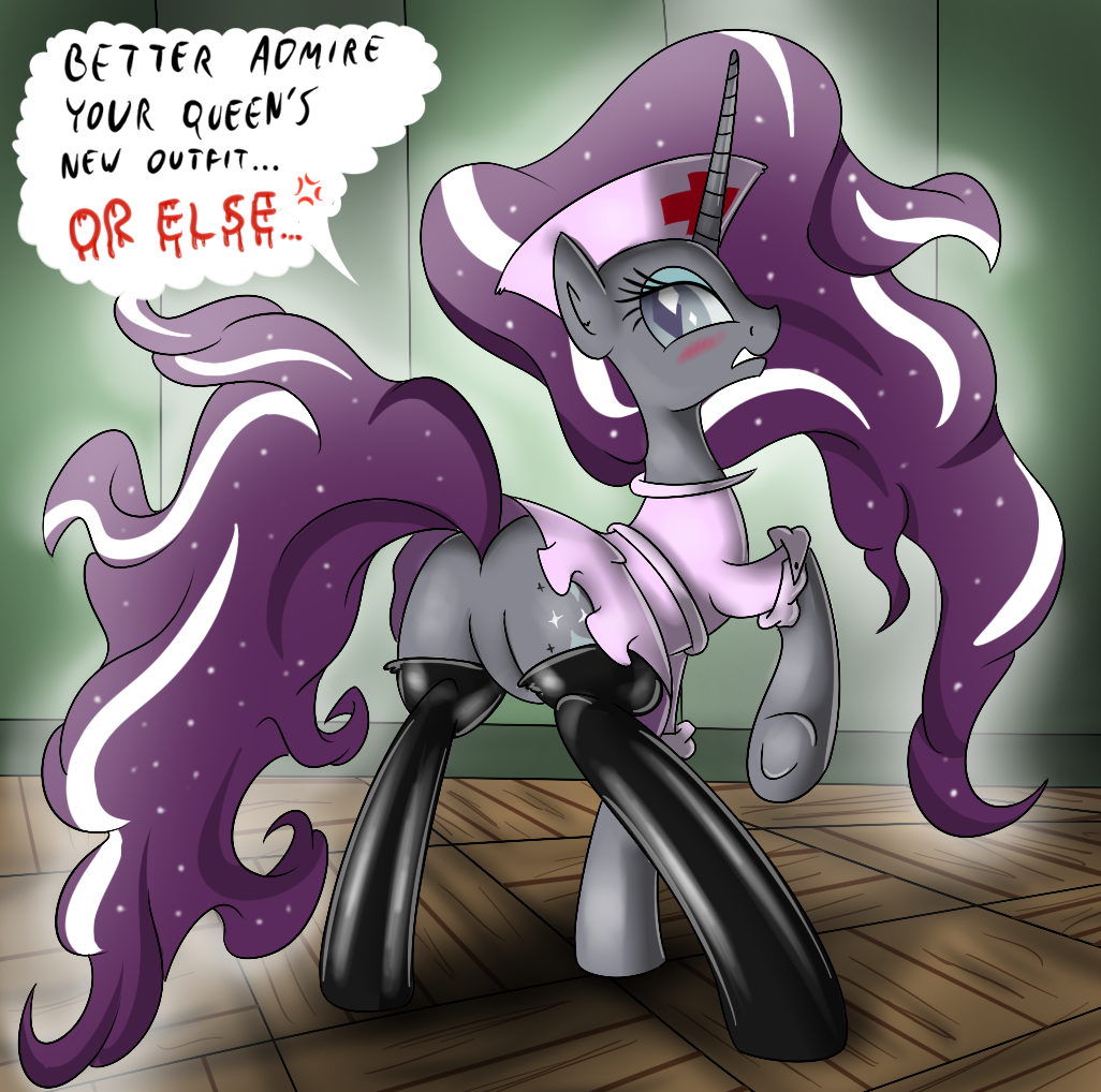 ass blush dialog english_text equine female feral friendship_is_magic hair horn horse looking_at_viewer looking_back multicolored_hair my_little_pony nightmare_rarity nurse nurse_cap nurse_uniform pony rarity_(mlp) solo stockings text unicorn ziemniax