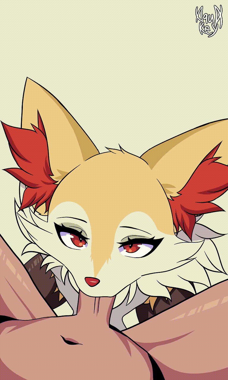 3:5 animated anthro aquakey blush bodily_fluids braixen breasts canid canine digital_media_(artwork) duo fellatio female fur generation_6_pokemon genitals hi_res human inner_ear_fluff looking_at_viewer male male/female mammal nintendo oral penile penis pokemon pokemon_(species) sex short_playtime simple_background sucking tuft yellow_body yellow_fur