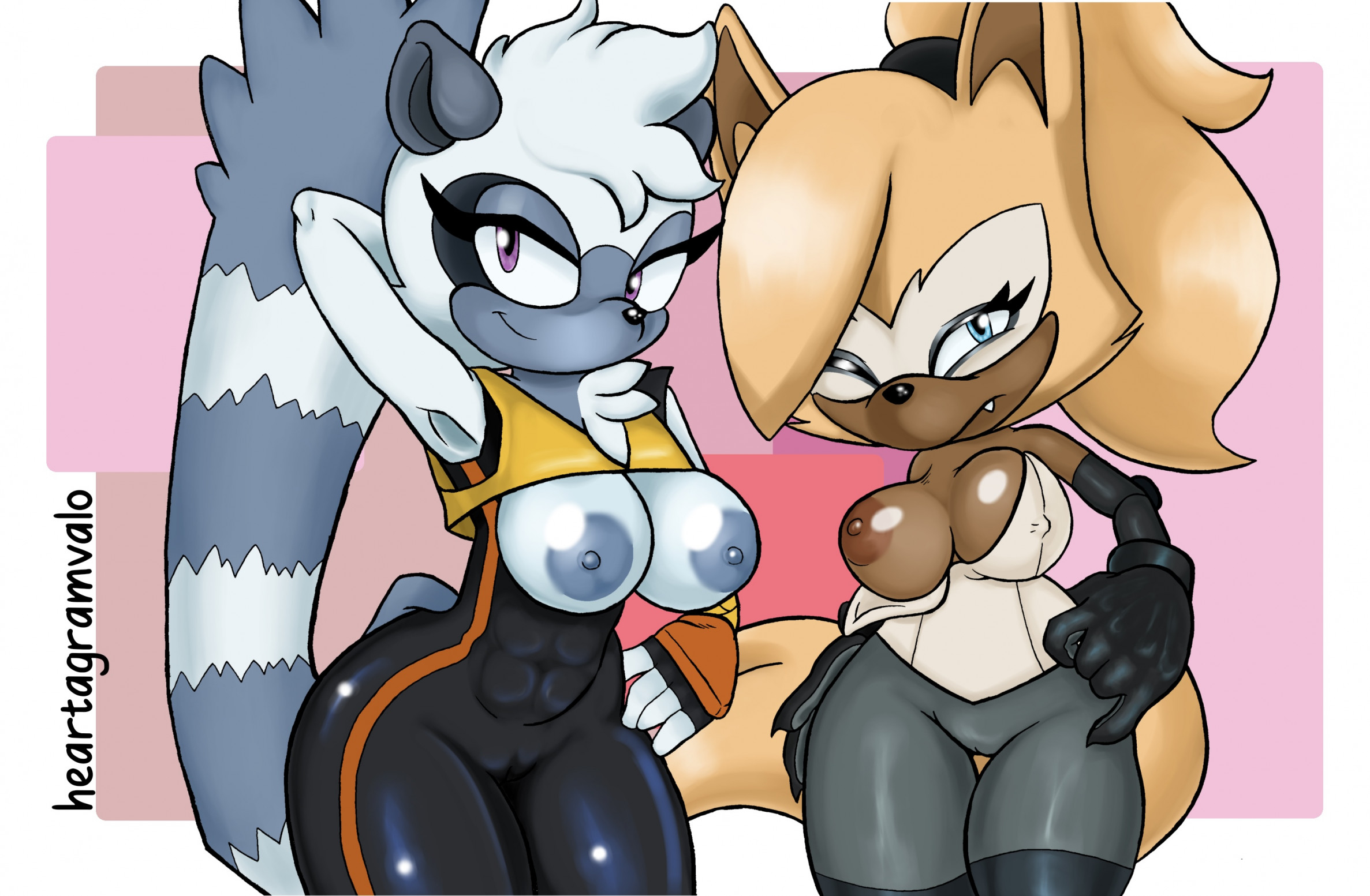 abs, anthro, areola, big breasts, black bodysuit, black clothing, black gloves, black handwear, black nose, black skinsuit, blue areola, blue eyes, blue nipples, bodysuit, bottomwear, breasts, brown body, brown fur, cameltoe, canid, canine, canis, chest tuft, clothing, duo, exposed breasts, eyelashes, female, front view, fur, gloves, grey body, grey bottomwear, grey clothing, grey fur, grey pants, hand behind head, hand on hip, handwear, head tuft, heartagramvalo, hi res, idw publishing, lemur, long tail, looking at viewer, mammal, markings, navel outline, nipple outline, nipples, one breast out, pants, primate, purple background, purple eyes, pussy, sega, simple background, skinsuit, smile, sonic (series), sonic the hedgehog (comics), sonic the hedgehog (idw), sonic the hedgehog (series), strepsirrhine, striped markings, striped tail, stripes, tail, tail markings, tan body, tan fur, tangle the lemur, thick thighs, tight clothing, topwear, tuft, whisper the wolf, white background, white clothing, white topwear, wide hips, wolf