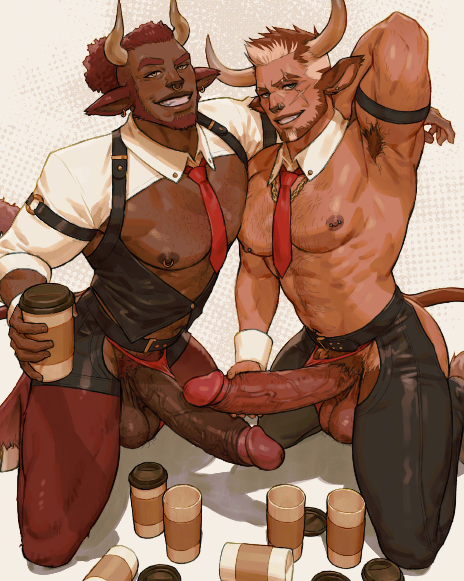 2 horns, 2boys, animal ears, animal humanoid, armpit hair, ass cutout, assless chaps, assless pants, balls, big penis, boy, boys, brown hair, brunette hair, clothing, cock, coffee cup, cow ears, cow horns, cow tail, crotch cutout, crotchless, crotchless clothes, cup, cups, dark skin, dark-skinned male, detached collar, dreampipe, duo, duo focus, ear piercing, gay, genitals, grabbing penis, hind legs, holding penis, hooves, horn, horns, huge cock, large penis, long ears, long penis, looking at viewer, male, male focus, male only, multiple boys, multiple males, multiple penises, nipple piercing, nipples, nose piercing, on knees, paper cup, partially clothed, penis, penis out, piercing, piercings, red hair, satyr, scar on face, scarred face, shrug (clothing), simple background, smiling, smiling at viewer, suspenders, tagme, tail, testicles, tie, white background, yaoi