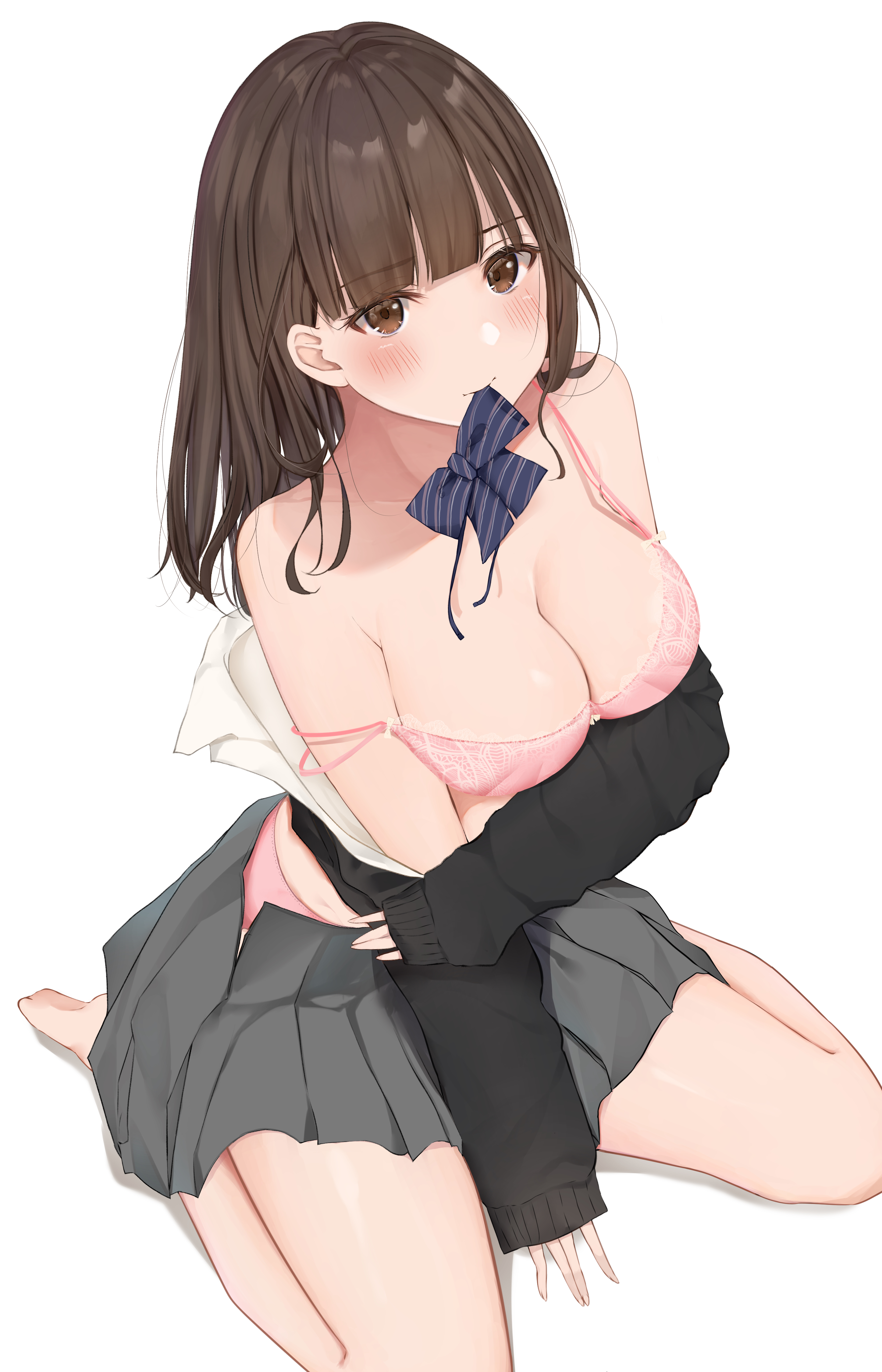 absurdres, black cardigan, blue bow, blue bowtie, blunt bangs, blush, bow, bowtie, bra, breasts, brown eyes, brown hair, cardigan, cleavage, collarbone, female, grey skirt, highres, large breasts, long hair, looking at viewer, mouth hold, off shoulder, original, pink bra, pleated skirt, school uniform, sidelocks, simple background, sitting, skirt, solo, strap slip, uiri na, underwear, wariza, white background