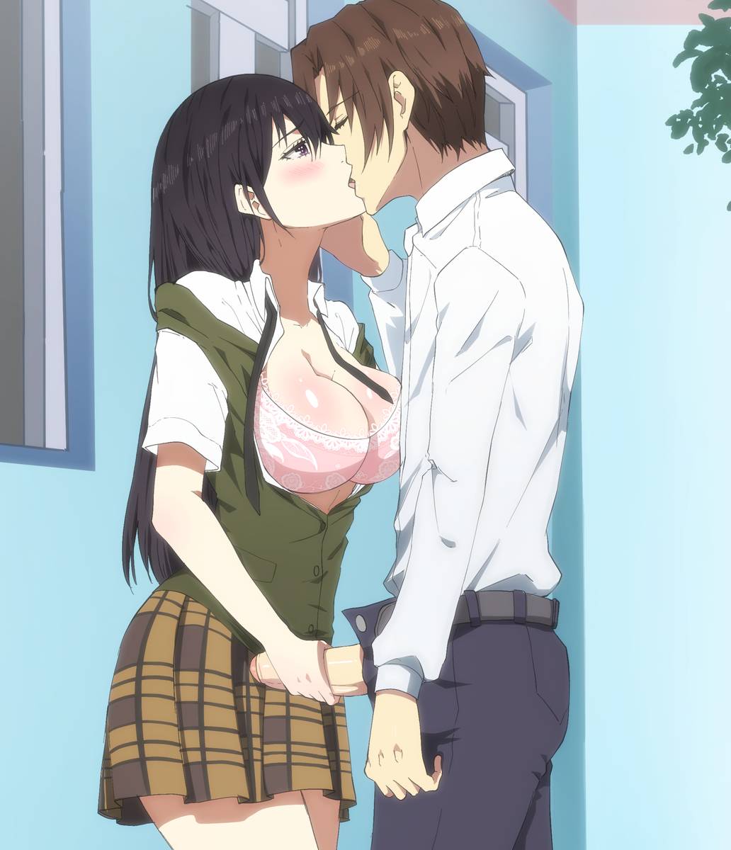 1boy, 1girls, aihara mei, big breasts, big penis, blush, bra, breasts, citrus (saburouta), cleavage, clothed, clothed sex, duo, duo focus, female, jerkingoff, kissing, lesbian to straight, lesbian with male, long hair, male, male/female, open blouse, open clothes, open shirt, penis, pink bra, school uniform, shorter female, skirt, taller male, uniform, uniform female
