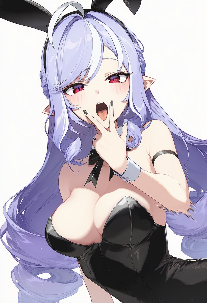 1girls, ai generated, black bunny ears, black bunnysuit, black nails, breasts, bunny ears, bunnysuit, elf ears, female, hoyoverse, mihoyo, mouth open, purple hair, red eyes, timmytommy, tongue between fingers, tongue out, vivian banshee, zenless zone zero