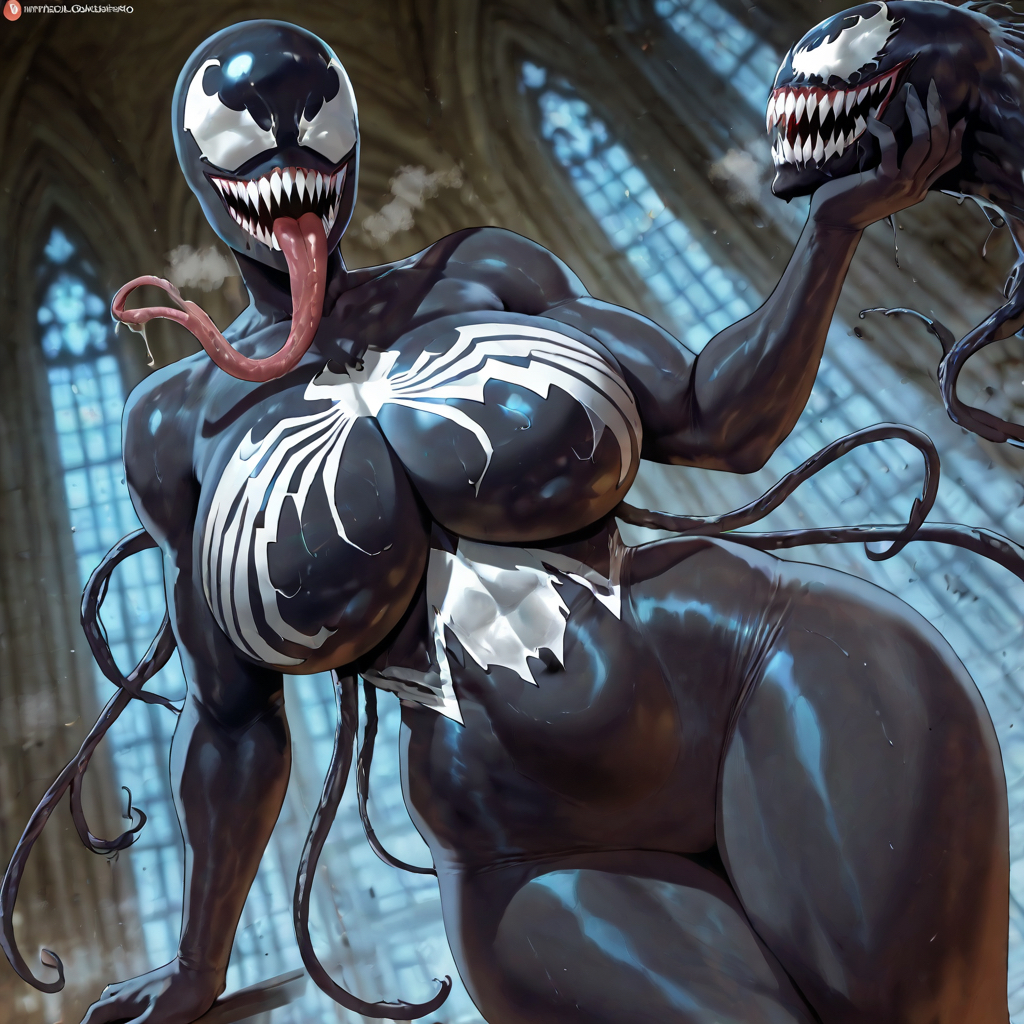 ai generated, bigbizarts, curvaceous, female, long tongue, marvel, marvel comics, seductive smile, sharp teeth, she-venom, spider-man (series), symbiote, tongue, tongue out, venom (marvel)