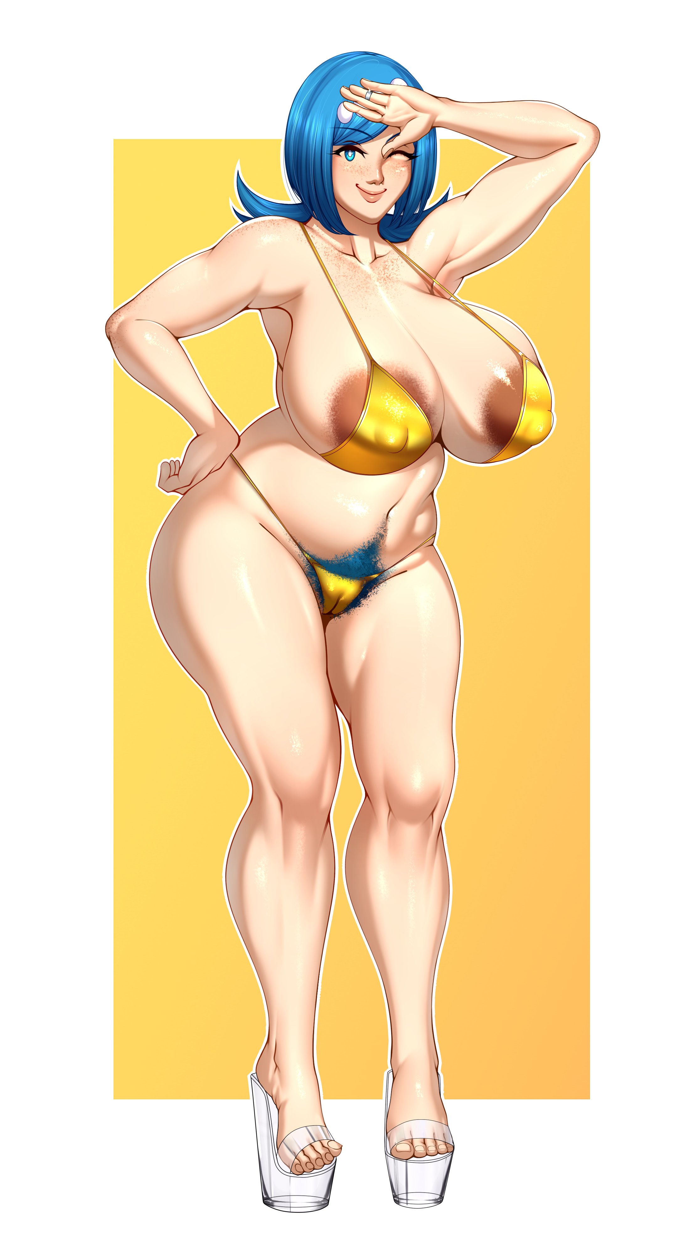 1girls, bikini, breasts, female, hairy bush, hairy pussy, heels, high heel sandals, high heels, huge breasts, jpg, lana's mother (pokemon), looking at viewer, m jr art, milf, mommy, open toe footwear, open toe heels, open toe shoes, platform heels, pokemon, pubic hair, pussy, sandals, smile, swimsuit, tagme, wedge heels, wink, winking at viewer