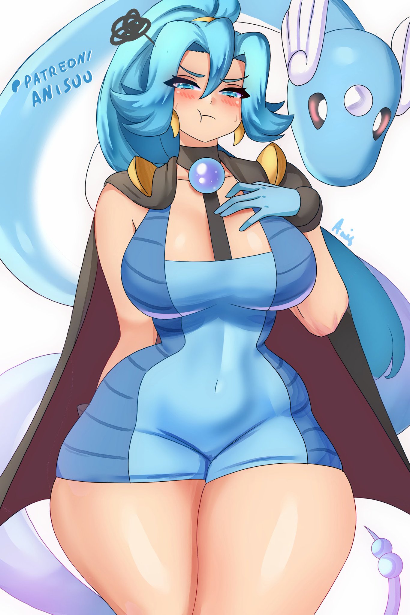 :t, angry, anisdrawn, belly, belly button, belly button visible through clothing, belt, big breasts, blue eyes, blue hair, blush, breasts, breasts bigger than head, clair (pokemon), covered navel, curvy, curvy figure, dragonair, dress, eyelashes, female, female only, flustered, huge breasts, legs, long eyelashes, long hair, necklace, necktie, nintendo, pokemon, pokemon gsc, pout, thick hips, thick thighs, thighs, tight clothing, voluptuous, voluptuous female