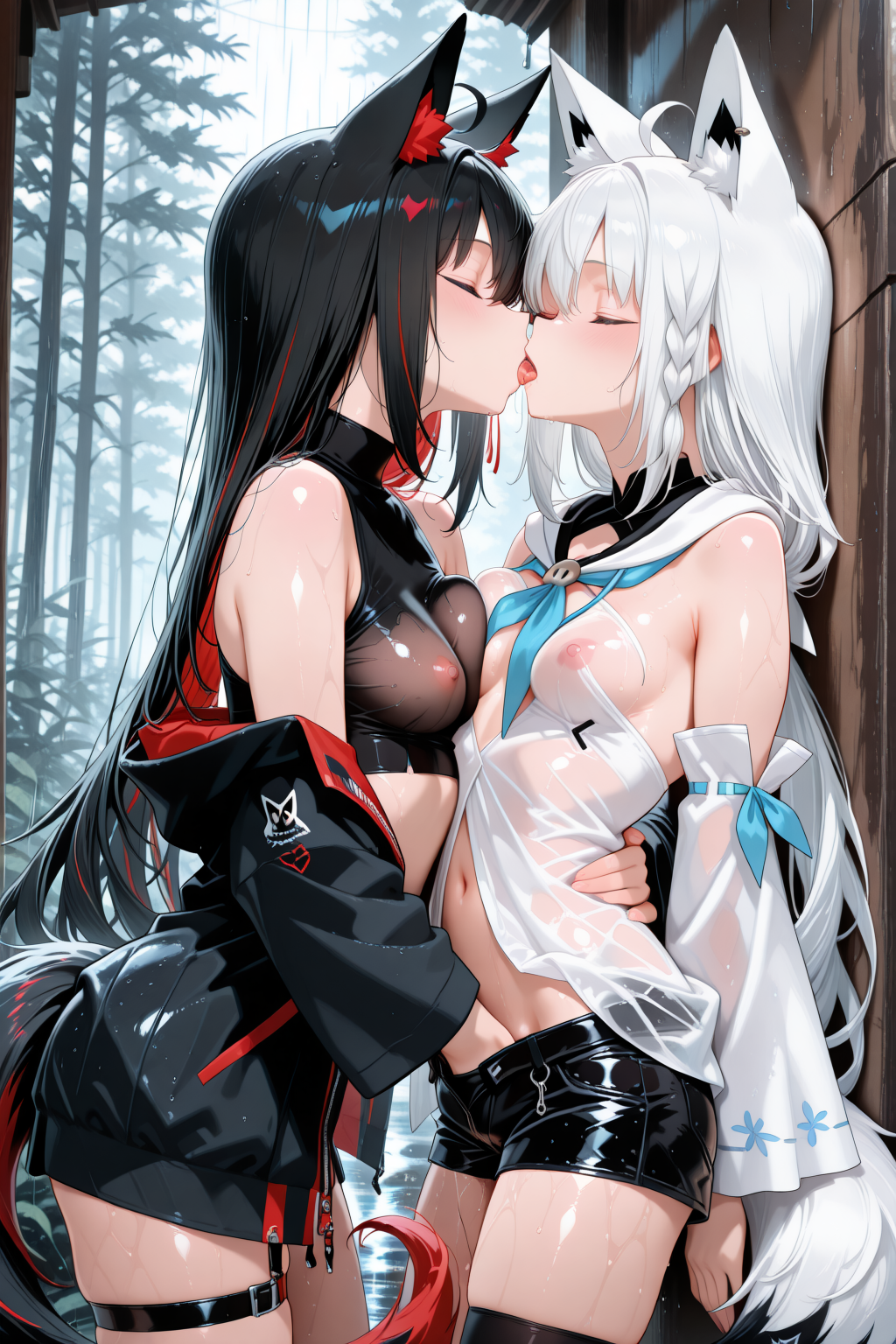 2girls ai_generated arbitrary fox_ears fox_girl fox_tail hand_in_pants hololive kissing kurokami_fubuki nipples_visible_through_clothing raining shirakami_fubuki vtuber wet yuri
