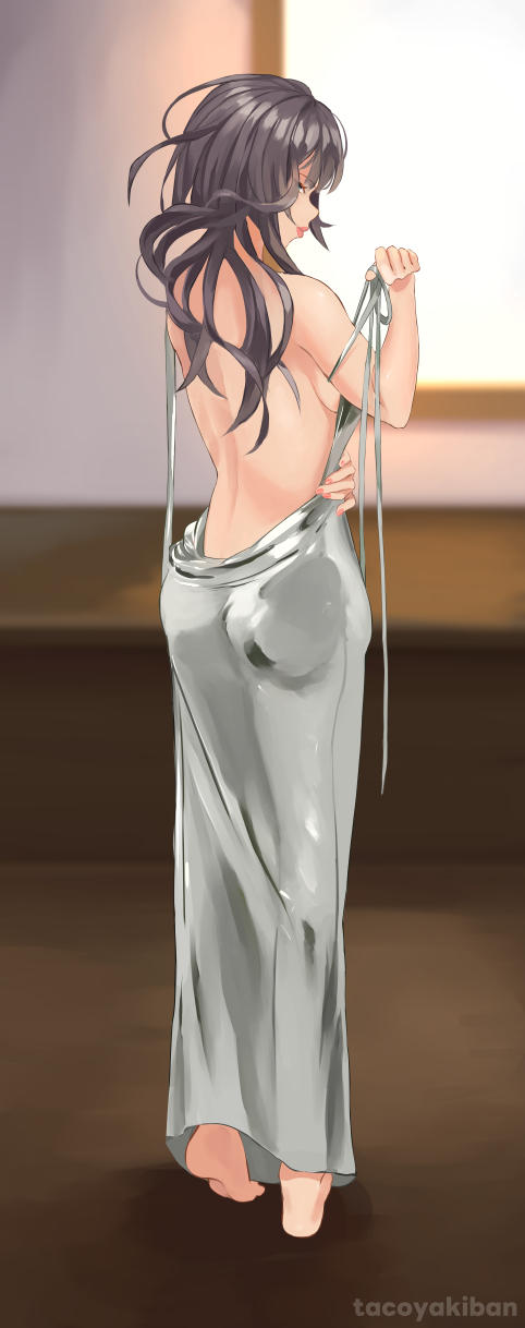 1girls, alina clover, ass, back view, backboob, backless outfit, bare shoulders, barefoot, breasts, bubble ass, bubble butt, dress, female, female focus, female only, guild no uketsukejou desu ga zangyou wa iya nanode boss wo solo toubatsu shiyou to omoimasu, light skin, light-skinned female, long hair, looking at viewer, seductive, seductive look, solo, standing, tacoyakiban, teenage female, teenager, watermark