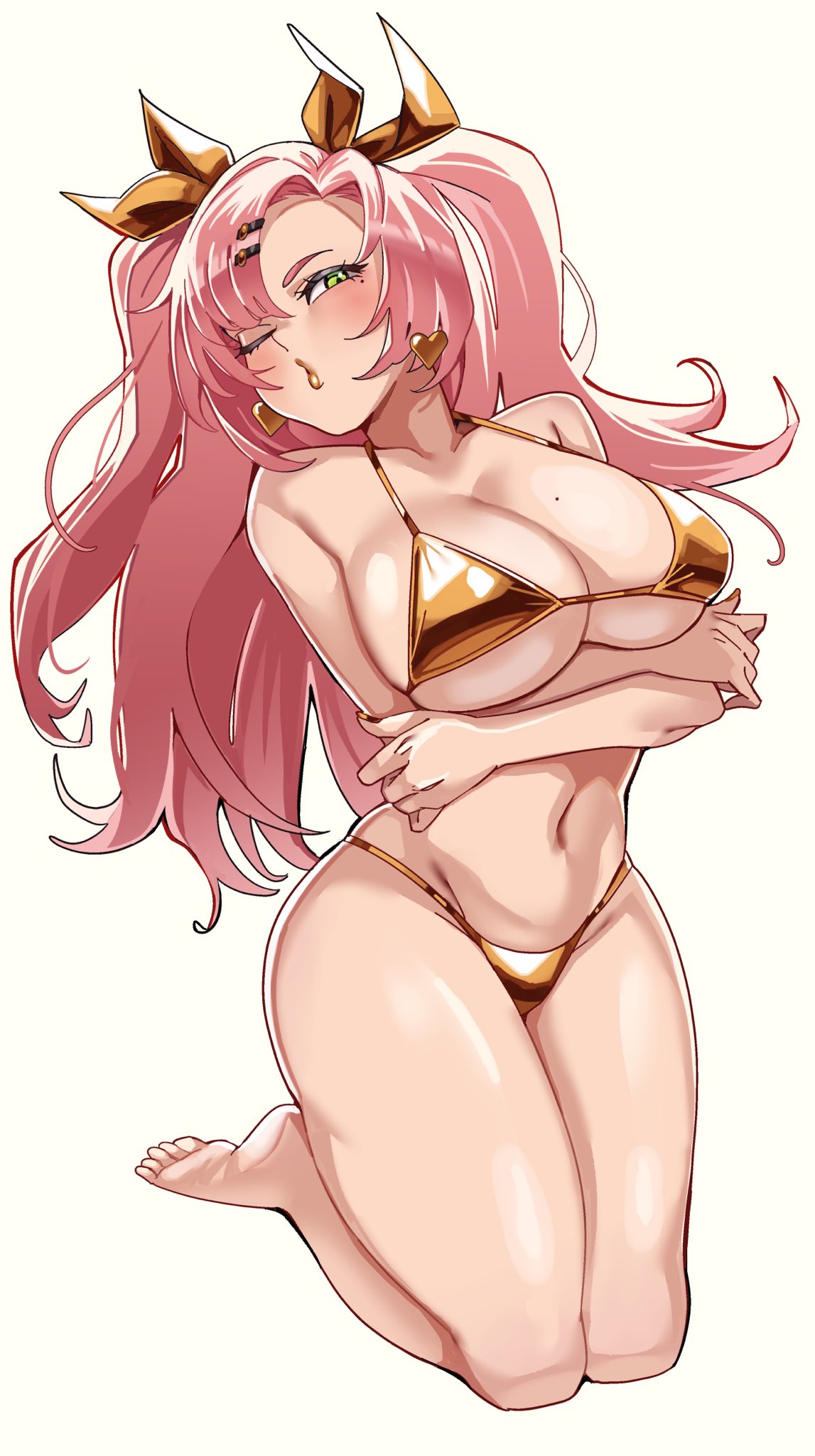 arms under breasts, bikini, breasts, ceroccb, earrings, female, gold bikini, gold lipstick, golden week, golden week bikini, green eyes, grey background, heart, heart earrings, highres, jewelry, kneeling, large breasts, lipstick, long hair, mole, mole under eye, navel, nicole demara, o3o, pink hair, puckered lips, simple background, solo, swimsuit, twintails, zenless zone zero