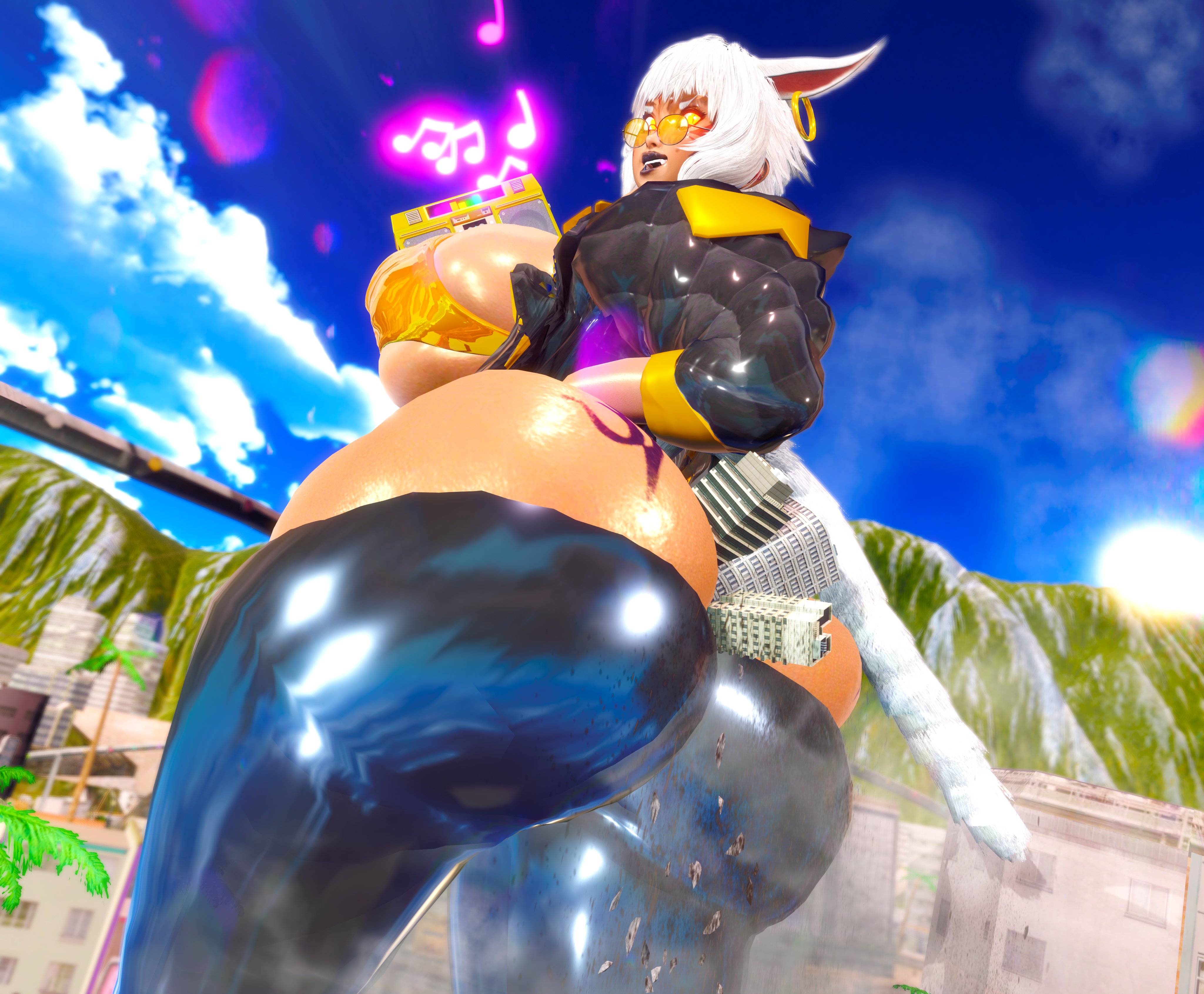 1girls, 3d, ass, ass bigger than head, behind view, big ass, big breasts, big butt, boombox, breasts, breasts bigger than head, bubble ass, bubble butt, building, building between ass, buildings, cat ears, cat girl, cat tail, city, city destruction, clothing, curvaceous, curvy, curvy figure, dark skin, dark-skinned female, female, female only, final fantasy, giantess, gold boombox (prevence), hand on hip, huge ass, huge breasts, hyper ass, jacket, looking back, low-angle view, mostly nude, musical note, object between ass, open mouth, orange eyes, palm tree, prevence, slit pupils, solo, solo female, tail, thick thighs, voluptuous, voluptuous female, white hair, wide hips, y'shtola