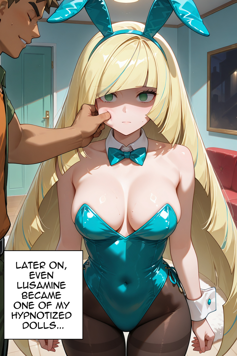 1boy, 1girls, ai generated, ai-created, brock (pokemon), bunny ears, bunnysuit, couch, door, english text, female, hypnosis, lusamine (pokemon), male, mind control, pokemon, text