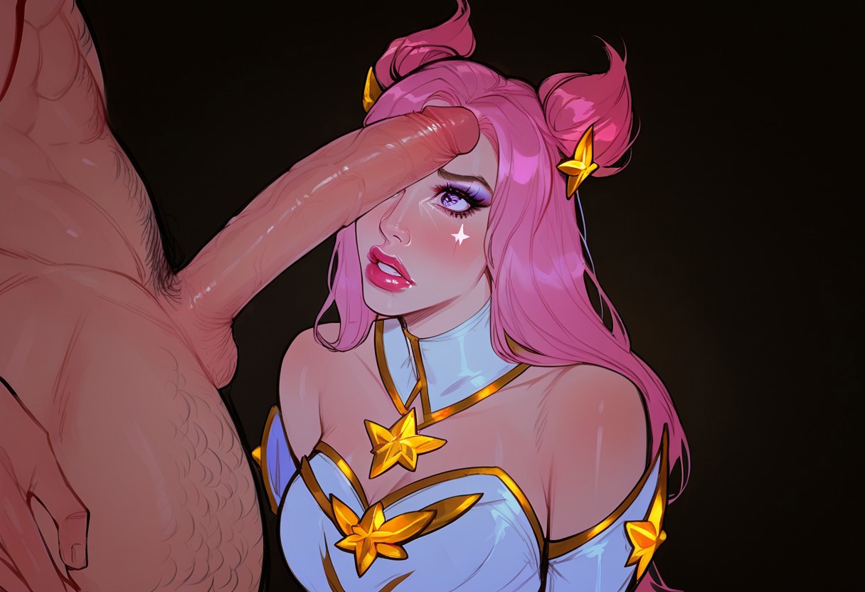 1boy, ai generated, big penis, blush, cock on face, cock shock, female, imminent oral, imminent sex, large penis, league of legends, light skin, light-skinned female, light-skinned male, male, nervous, penis, pink hair, saucek, star guardian kai'sa, star guardian series