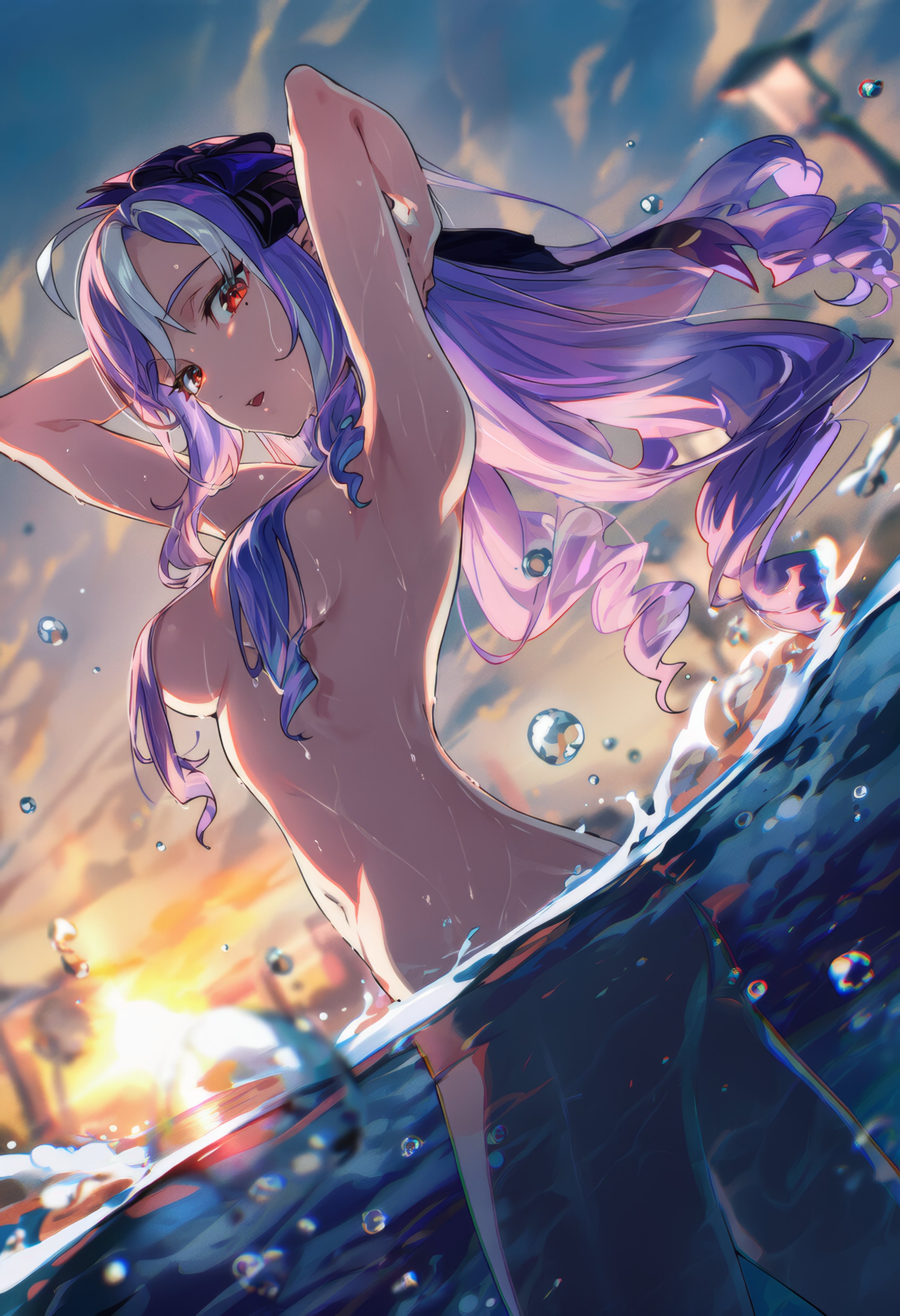 1girls, ai generated, armpits, arms up, breasts, covered breasts, curvy body, curvy female, curvy figure, female, female only, naked, naked female, purple hair, raaicave, red eyes, sky background, sunset, sunset background, vivian (zenless zone zero), vivian banshee, zenless zone zero
