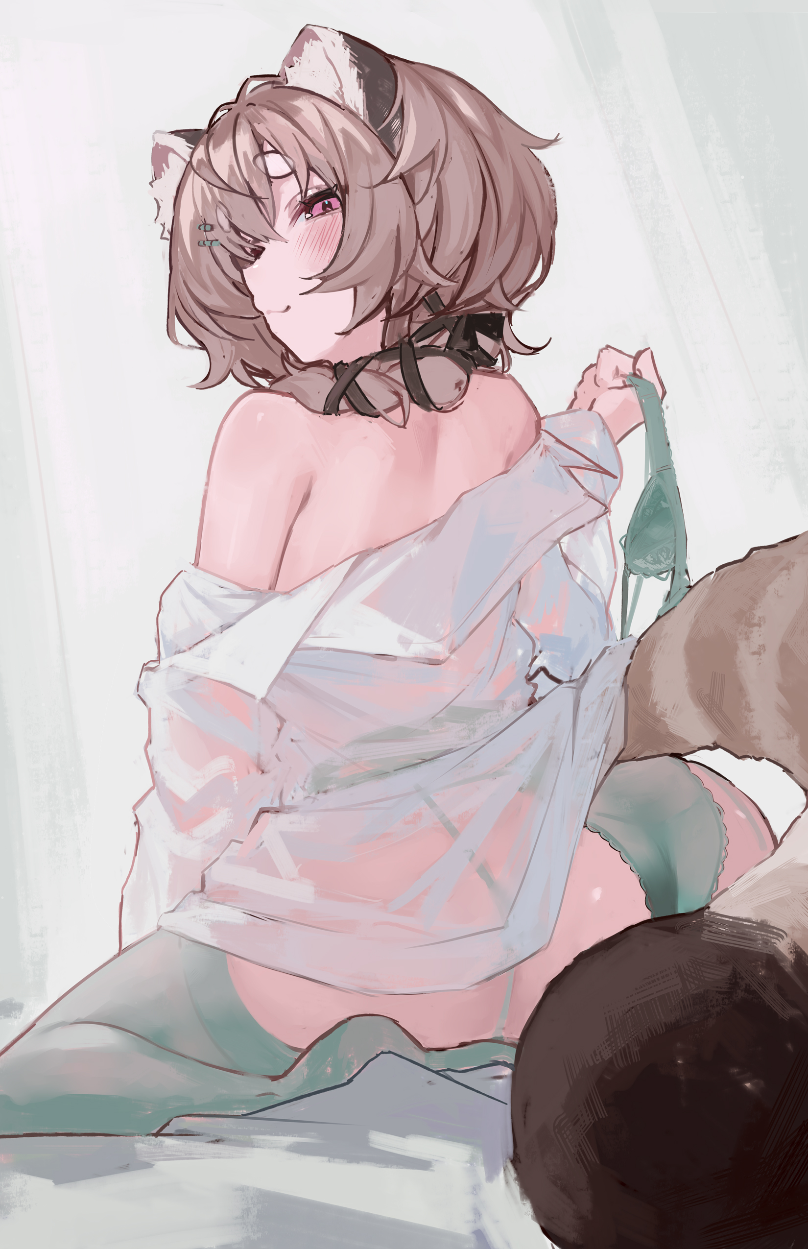 1girls, animal ears, ass, blonde hair, blush, bra removed, female, female only, green bra, green panties, indoors, komachi panko, light skin, light-skinned female, looking at viewer, looking back, naokomama, on bed, panties, phase alias, phase connect, pink eyes, red panda ears, red panda girl, red panda tail, seductive, solo, tail, tempting, virtual youtuber