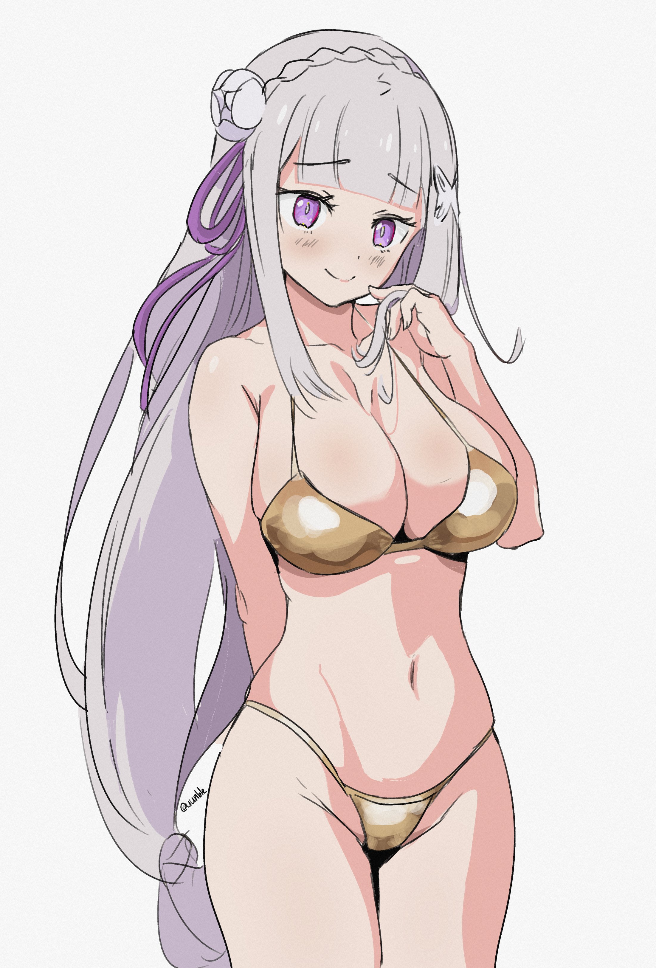 1girls, belly, blush, breasts, cameltoe, cleavage, elf, elf ears, elf female, emilia (re:zero), female, golden bikini, half naked, hips, large breasts, purple eyes, pussy, re:zero kara hajimeru isekai seikatsu, silver hair, solo, standing, swimsuit, thick thighs, white background