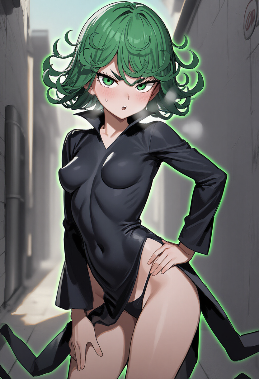 ai_generated belly_button breasts green_eyes green_hair novelai pointy_breasts skin_tight slim_waist tatsumaki terrarizemyself thick_thighs thong