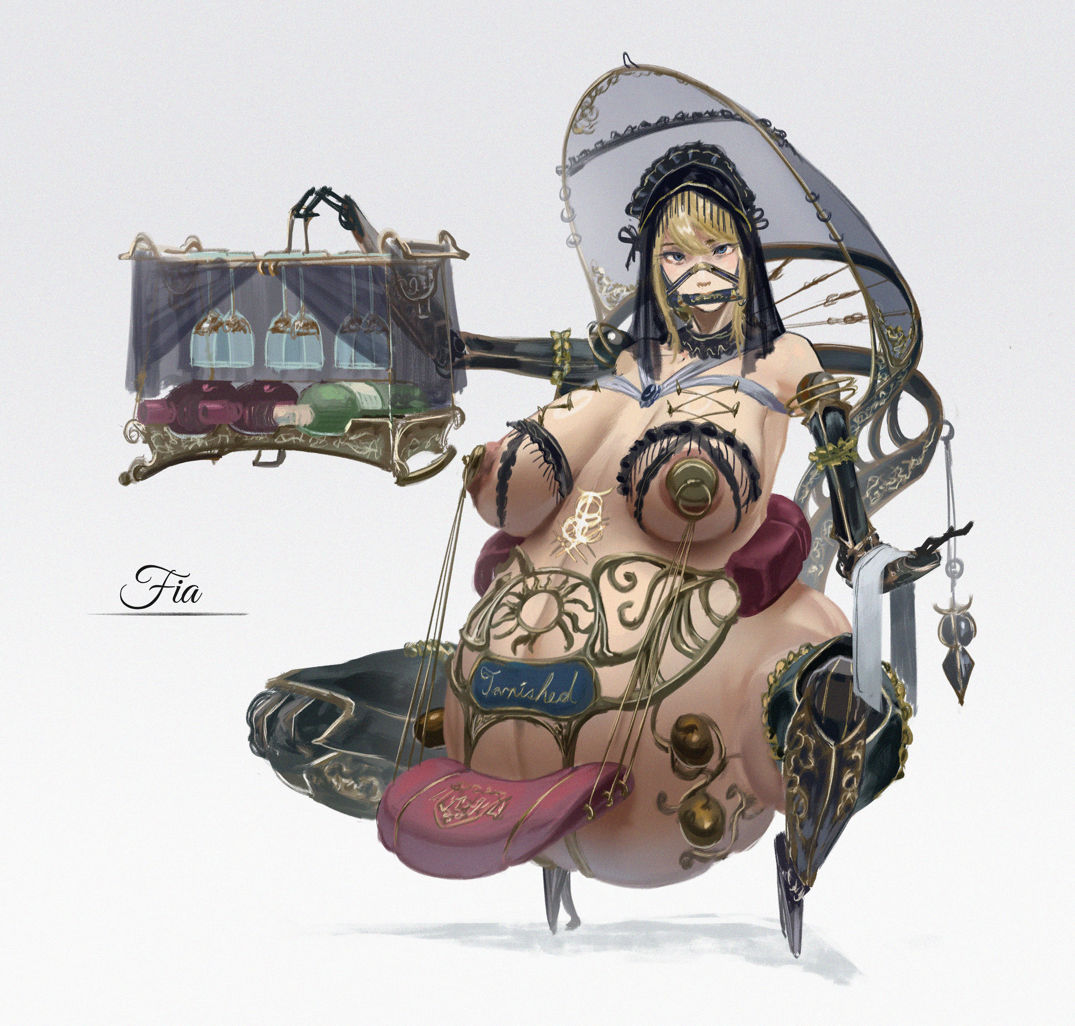 amputee, big breasts, big nipples, bit gag, body modification, branded, branding mark, breasts, corset piercing, elden ring, fia the deathbed companion, forniphilia, fromsoftware, gag, gagged, harness bit gag, huge belly, living chair, living furniture, nipple penetration, nipple plugs, pregnant, pregnant belly, prosthetic, quadruple amputee, serving tray, sex toy, sezdraw, squatting, waitress