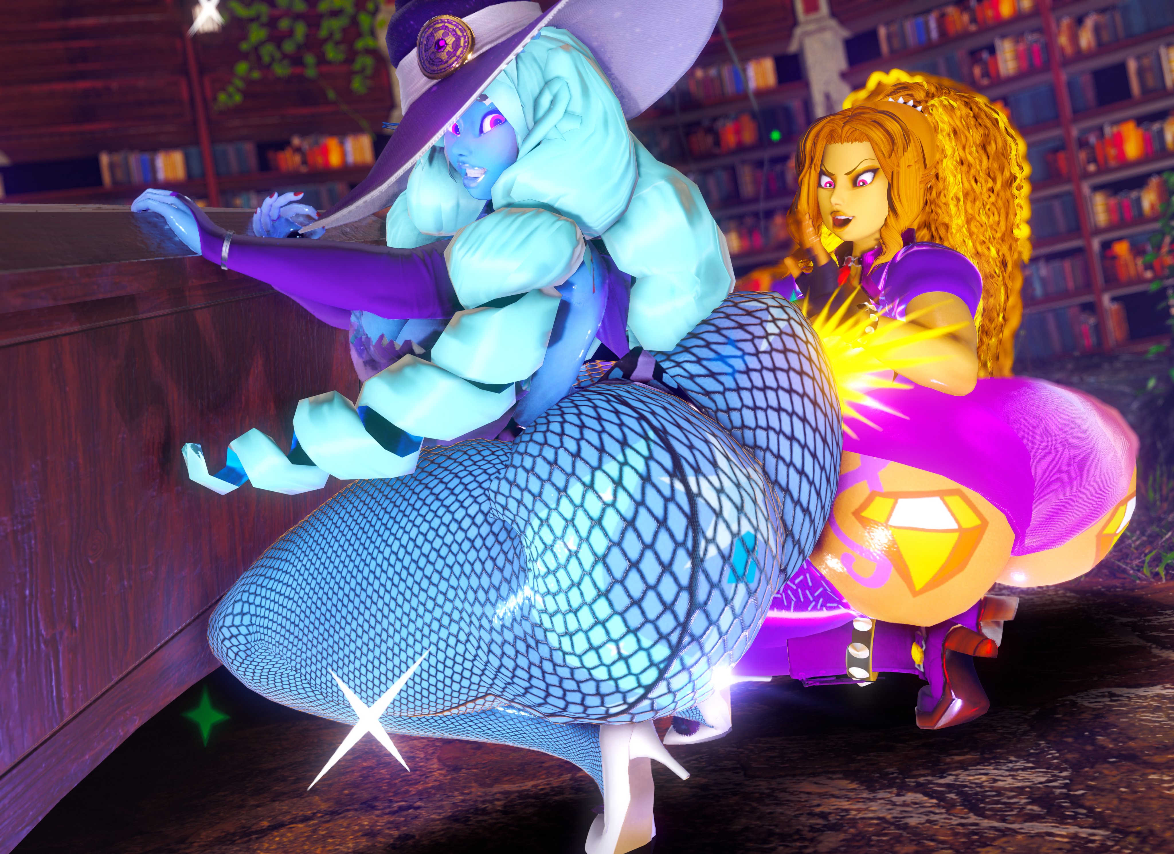 2girls, 3d, adagio dazzle, adagio dazzle (eg), arm sleeves, armwear, ass, ass bigger than head, ass focus, ass slap, big ass, big breasts, big butt, blue hair, bottom heavy, breasts, bubble ass, bubble butt, clenched teeth, clothing, curvaceous, curvy, curvy figure, cyan hair, equestria girls, female, female only, fishnets, friendship is magic, glowing eyes, hasbro, hat, heels, huge ass, huge breasts, humanized, hyper, hyper ass, legwear, long hair, mostly nude, my little pony, open mouth, orange hair, pink eyes, prevence, puffy lips, purple eyes, side view, slap, squatting, thick thighs, trixie (mlp), trixie lulamoon (eg), voluptuous, voluptuous female, wide hips, witch hat, yuri