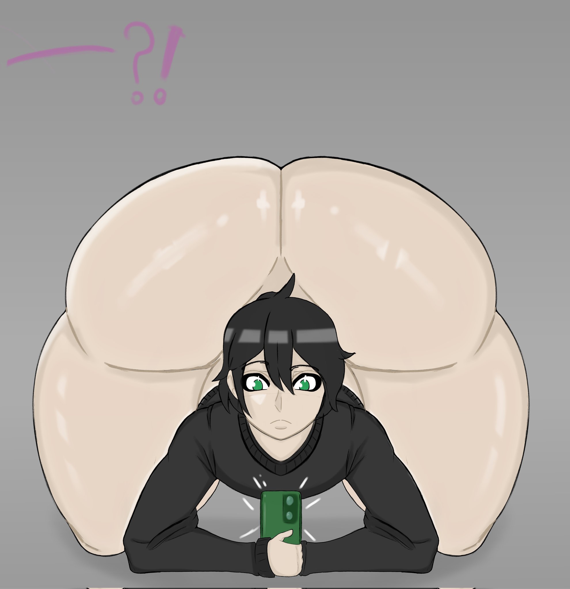 1boy, andrew graves, ass, big ass, black hair, femboy, green eyes, looking at phone, male, male only, simple background, smartphone, the coffin of andy and leyley, yomiee