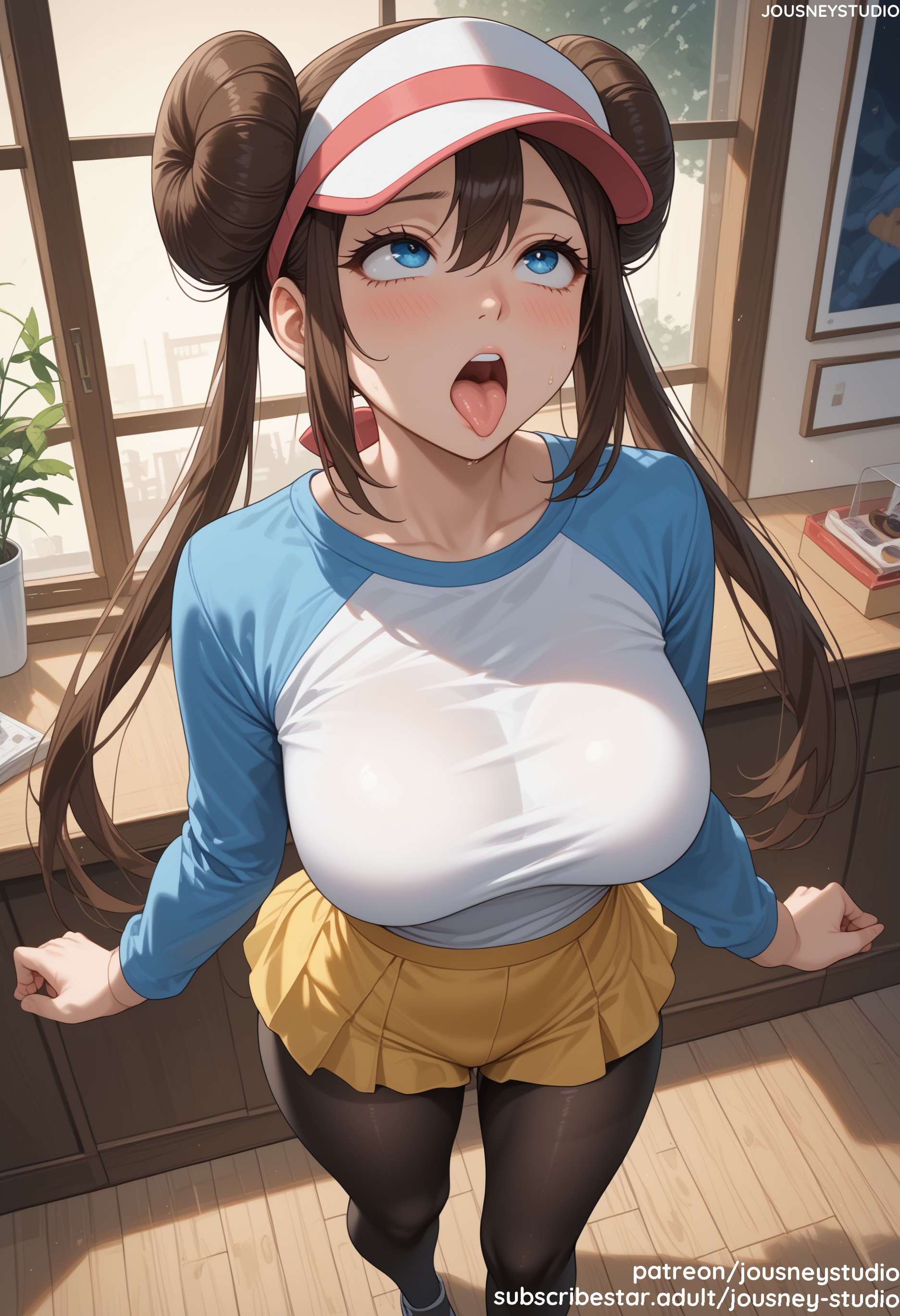 ahe gao, ai generated, alternate breast size, bangs, black legwear, black pantyhose, blue eyes, blush, breasts, brown hair, clothing, collarbone, double bun, female, female only, from above, hair between eyes, hair bun, indoors, jousneystudio, large breasts, legwear, long hair, long sleeves, looking up, nintendo, open mouth, oral invitation, pantyhose, plant, poke ball print, pokemon, pokemon (game), pokemon bw2, pokemon character, potted plant, protagonist (pokemon), raglan sleeves, rolling eyes, rosa (pokemon), shirt, shorts, sidelocks, skirt, solo, standing, teeth, thighs, tongue, tongue out, twintails, visor cap, white shirt, window, yellow shorts, yellow skirt