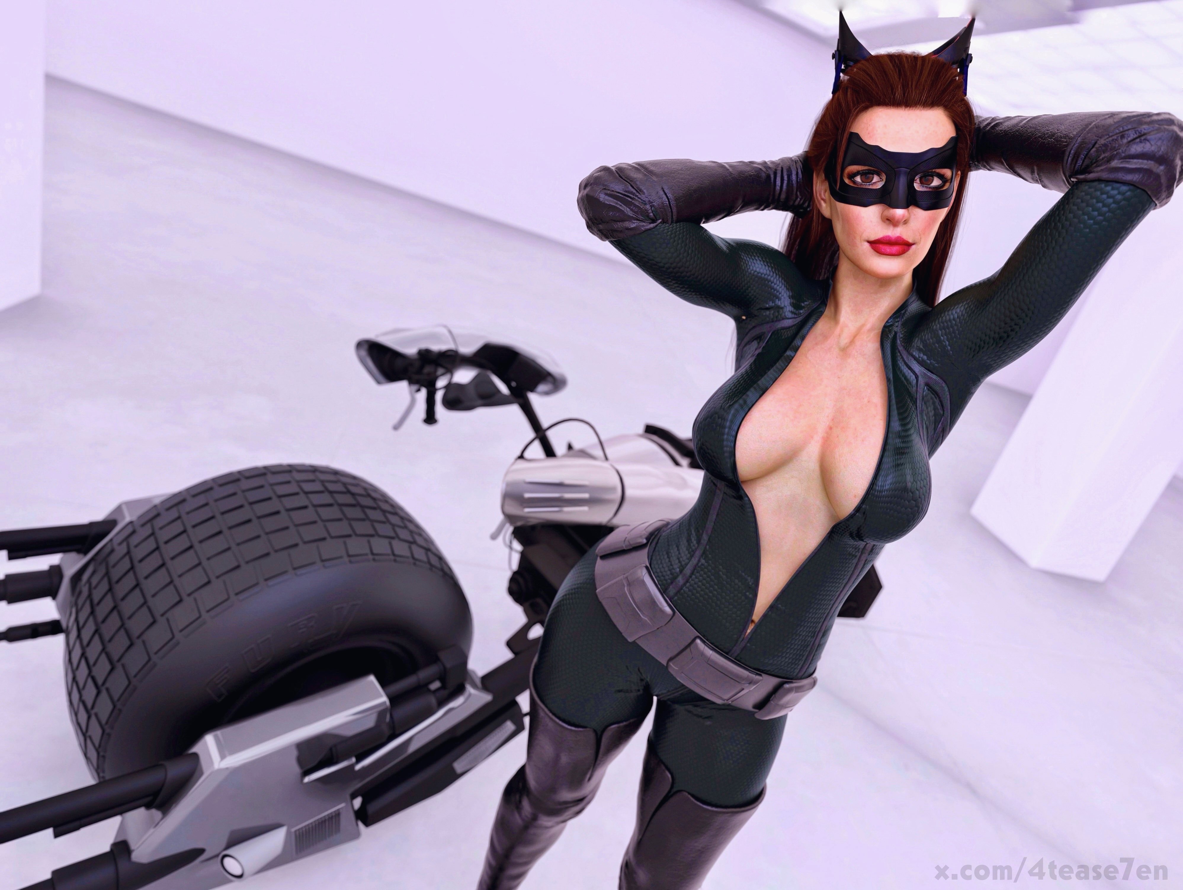1girls, 3d, 3d (artwork), 3d model, 3d render, 3dcg, 3dx, 4tease7en, agent 4 tea se7en, anne hathaway, arms behind head, athletic, athletic female, auburn hair, batman (series), baylor, belt, big breasts, bike, black catsuit, boots, breasts, brown eyes, brown hair, catsuit, catwoman, catwoman (the dark knight rises), caucasian, caucasian female, cleavage, comic book character, curvaceous, curvaceous female, curvaceous figure, curves, curvy, curvy body, curvy female, curvy figure, curvy hips, curvy thighs, dc, dc comics, domino mask, fair skin, fair-skinned female, female, female focus, female only, fit, fit female, garage, hands behind head, high quality, high resolution, highres, hourglass figure, leather, leather catsuit, leather clothing, light skin, light-skinned female, lipstick, long hair, motor vehicle, motorcycle, pale skin, pale-skinned female, posing, posing for picture, posing for the viewer, red lipstick, render, selina kyle, showing cleavage, slim, slim female, slim waist, solo, solo female, solo focus, standing, straight hair, superhero, superhero costume, superheroine, the dark knight rises, thick, thick female, thick hips, thick legs, thick lips, thick thighs, thigh boots, thigh high boots, thighhigh boots, unzipped, unzipped bodysuit, voluptuous, voluptuous female, white background, wide hips