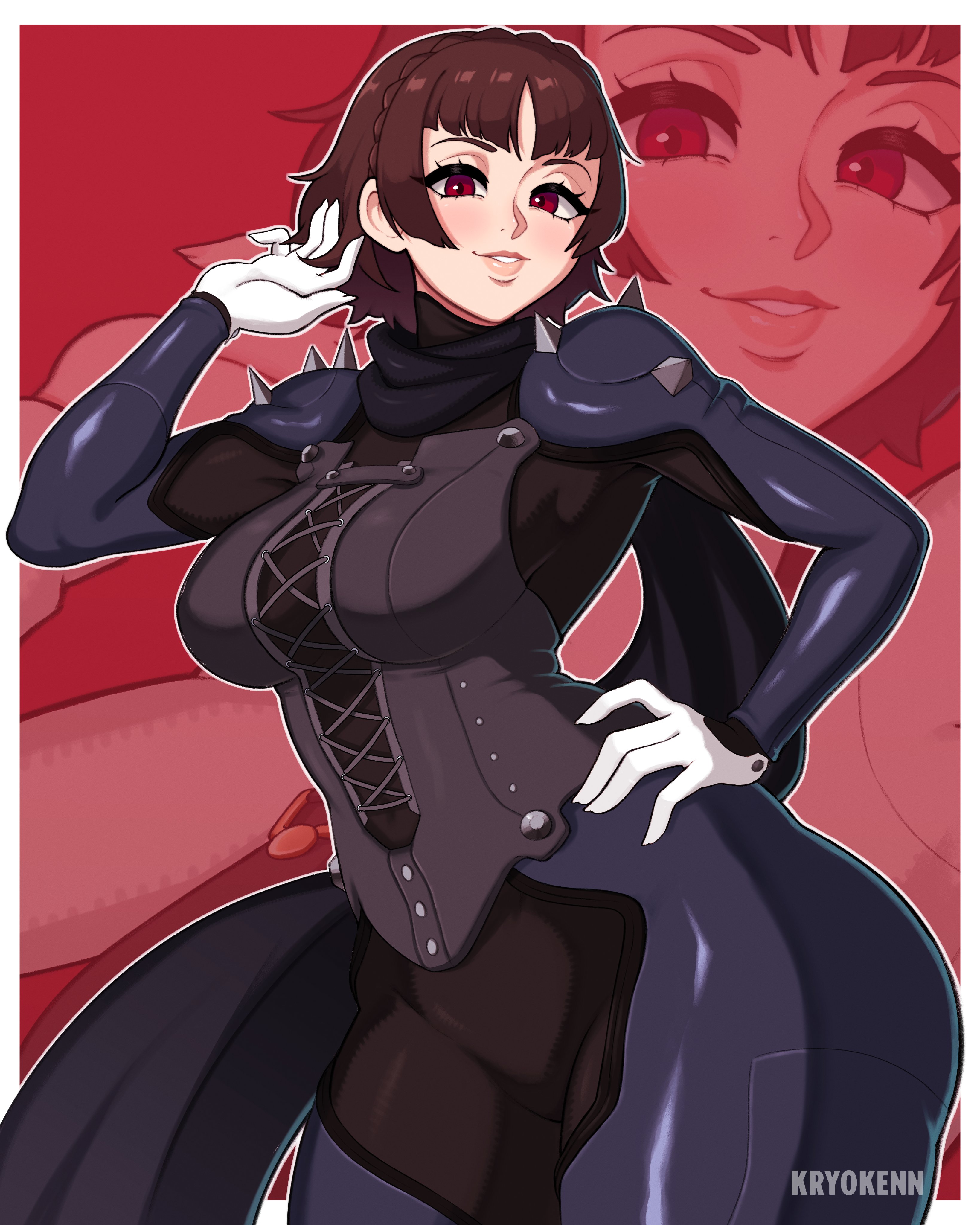 1girls, 2026, 2d, 2d (artwork), artist name, big ass, big breasts, bodysuit, breasts, brown hair, clothed, clothed female, crown braid, female, female only, hand on hip, kryokenn, large breasts, light skin, light-skinned female, looking at viewer, magenta background, makoto niijima, persona, persona 5, phantom thief suit, playing with hair, realistic breast size, red background, red eyes, sfw, short hair, smile, smiling at viewer, solo, thick thighs, thighs, twirling hair, white border