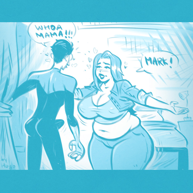 1boy, 1boy1girl, 1girl1boy, 1girls, 2020s, 2026, 2026s, arms open, atom eve, bedroom, big breasts, boner, boner in pants, boner under clothes, canon couple, canonical scene, curvaceous, curvaceous figure, curvy, curvy body, curvy female, curvy figure, curvy hips, deviantart link, digital drawing (artwork), digital media (artwork), english text, fingerless gloves, fully clothed, hugotendaz, human, humanoid, invincible, invincible (tv series), jpg, mark grayson, monochrome, multiple sources, official alternate costume, redraw, samantha eve wilkins, superhero, text, text bubble, twitter link, voluptuous, voluptuous female, weight gain, weight gain female