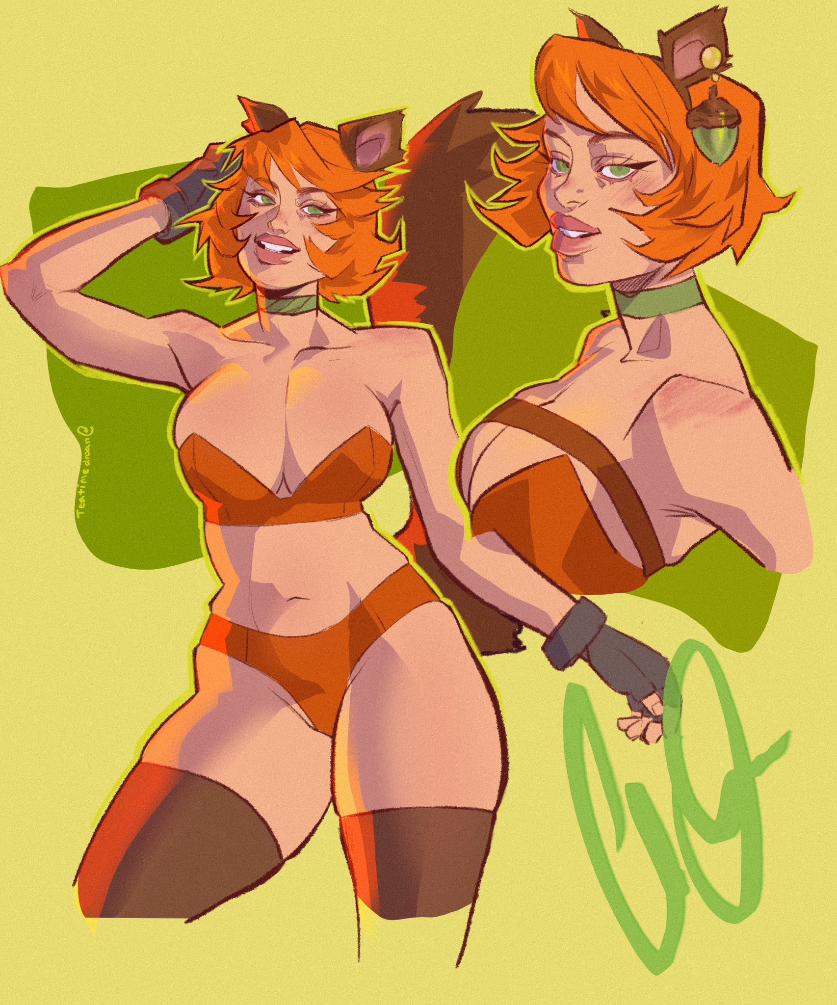 2d, belly button, big breasts, bikini, breasts, choker, cleavage, clothed, collarbone, doreen green, female, female only, fully clothed, huge breasts, large breasts, marvel, marvel comics, marvel rivals, navel, solo, solo female, squirrel girl (marvel rivals), squirrel girl (marvel), swimsuit, teatimedroan, thick thighs, thighhighs, thighs