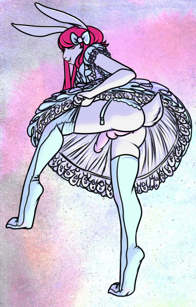 1boy ass balls clothed clothing crossdressing dress erection from_behind garter_belt lagomorph lingerie lolita_fashion looking_at_viewer lotix male male_only penis presenting rabbit solo stockings victorian