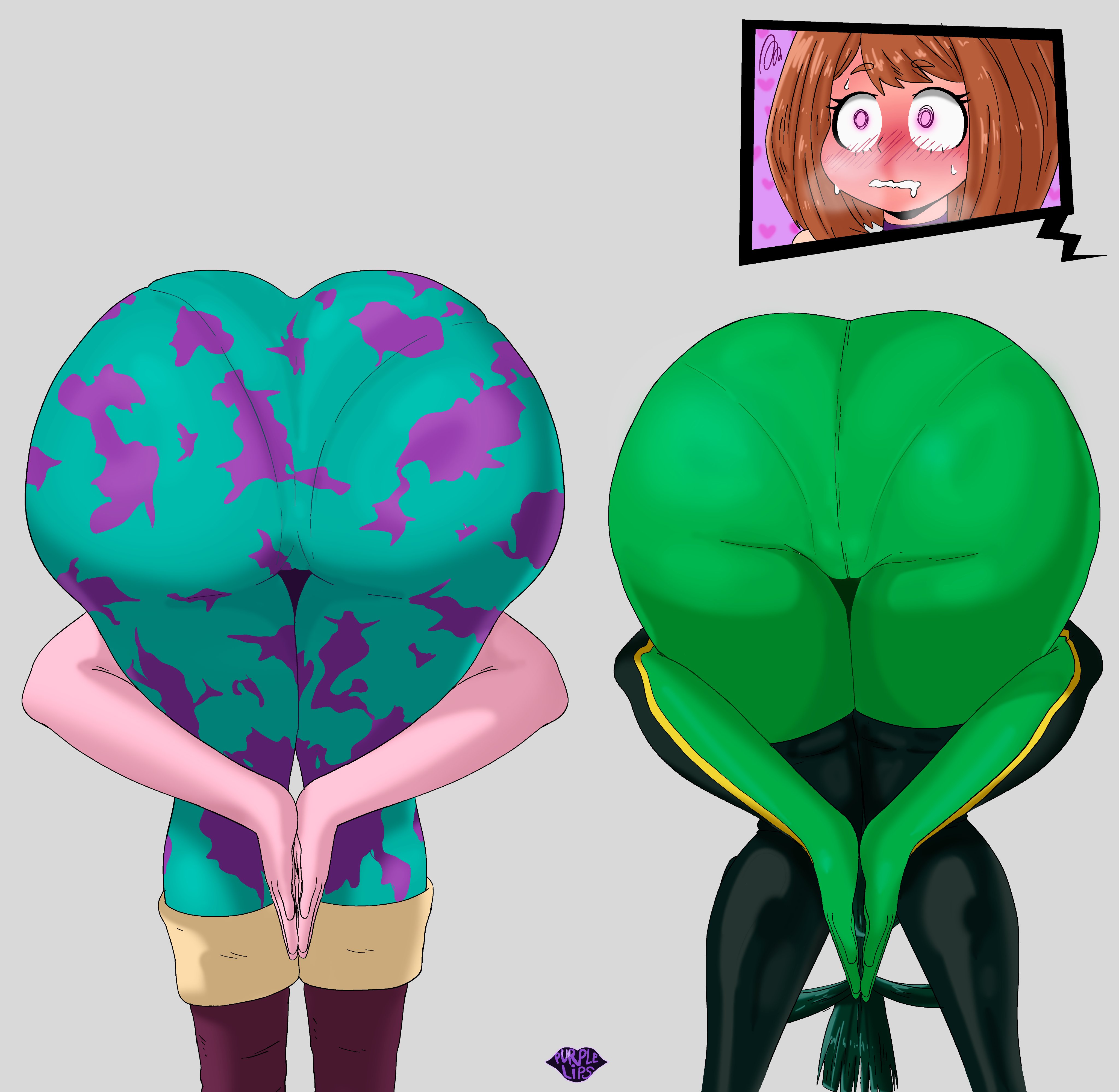 3girls, amen pose (meme), arm around leg, artist request, ass, ass focus, bent over, big ass, bodysuit, boku no hero academia, clothing, female, female only, from behind, hero outfit (mha), highres, huge ass, lesbian, light-skinned female, meme, mina ashido, my hero academia, ochako uraraka, pantylines, pink body, praise da booty (meme), simple background, teenager, tsuyu asui, underwear outline, wip, yuri