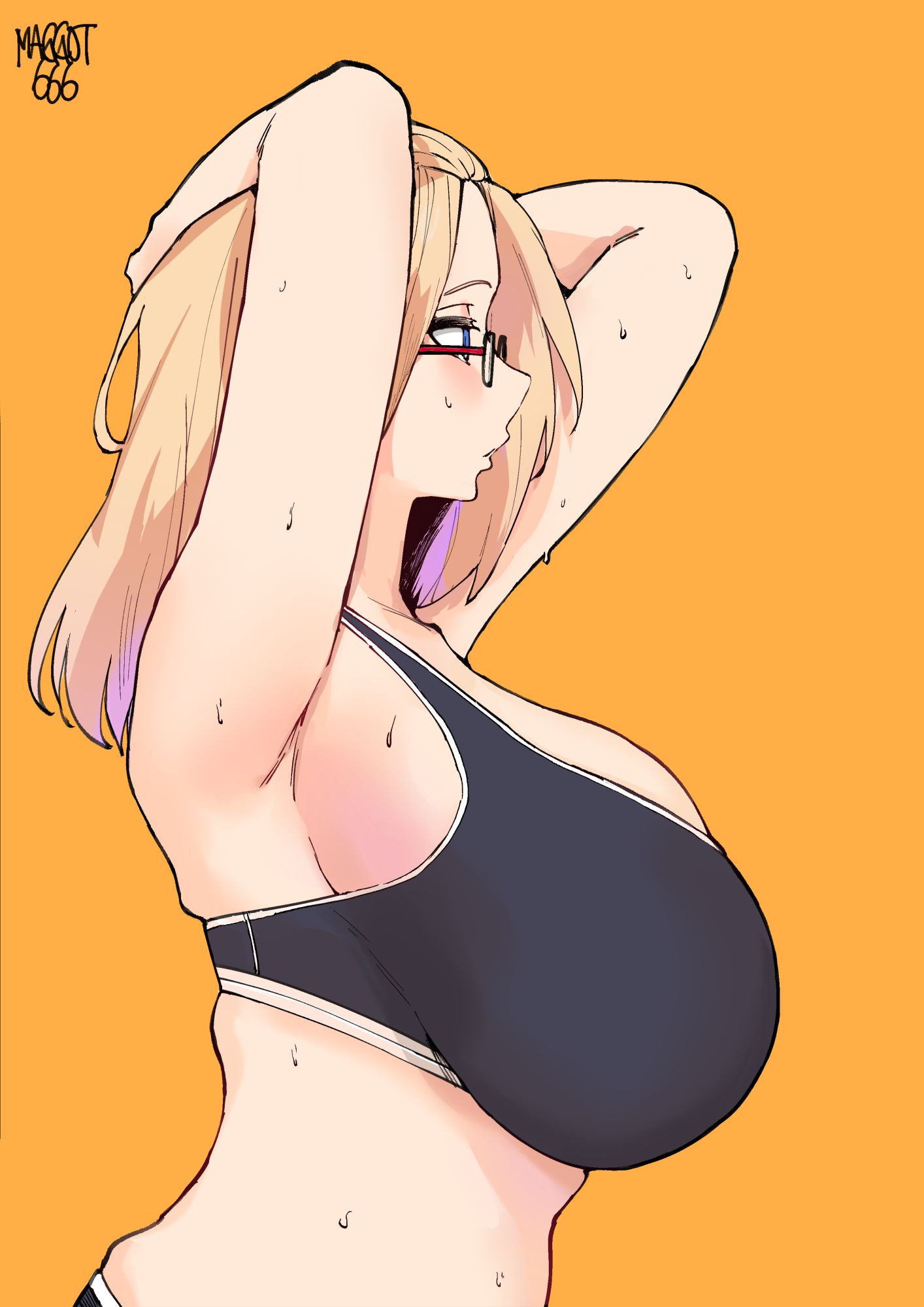 1girl, armpits, arms behind head, arms up, artist name, bangs pinned back, bare arms, black sports bra, blonde hair, blue eyes, breasts, curvy, folded hair, from side, glasses, hair pulled back, highres, huge breasts, inne sulistya robin, long hair, midriff, norman maggot, orange background, original, pink hair, profile, sideboob, solo, sports bra, upper body