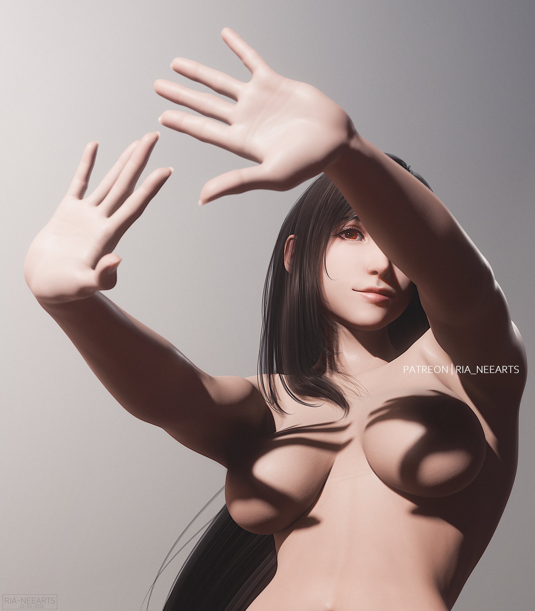1girl, 1girls, 3d, breasts, breasts focus, convenient censoring, female, female focus, female only, final fantasy, final fantasy vii, final fantasy vii remake, hands casting shadow, light and shadow, naked, naked female, nude, nude female, ria-neearts, shadow bra, solo, solo female, tifa lockhart