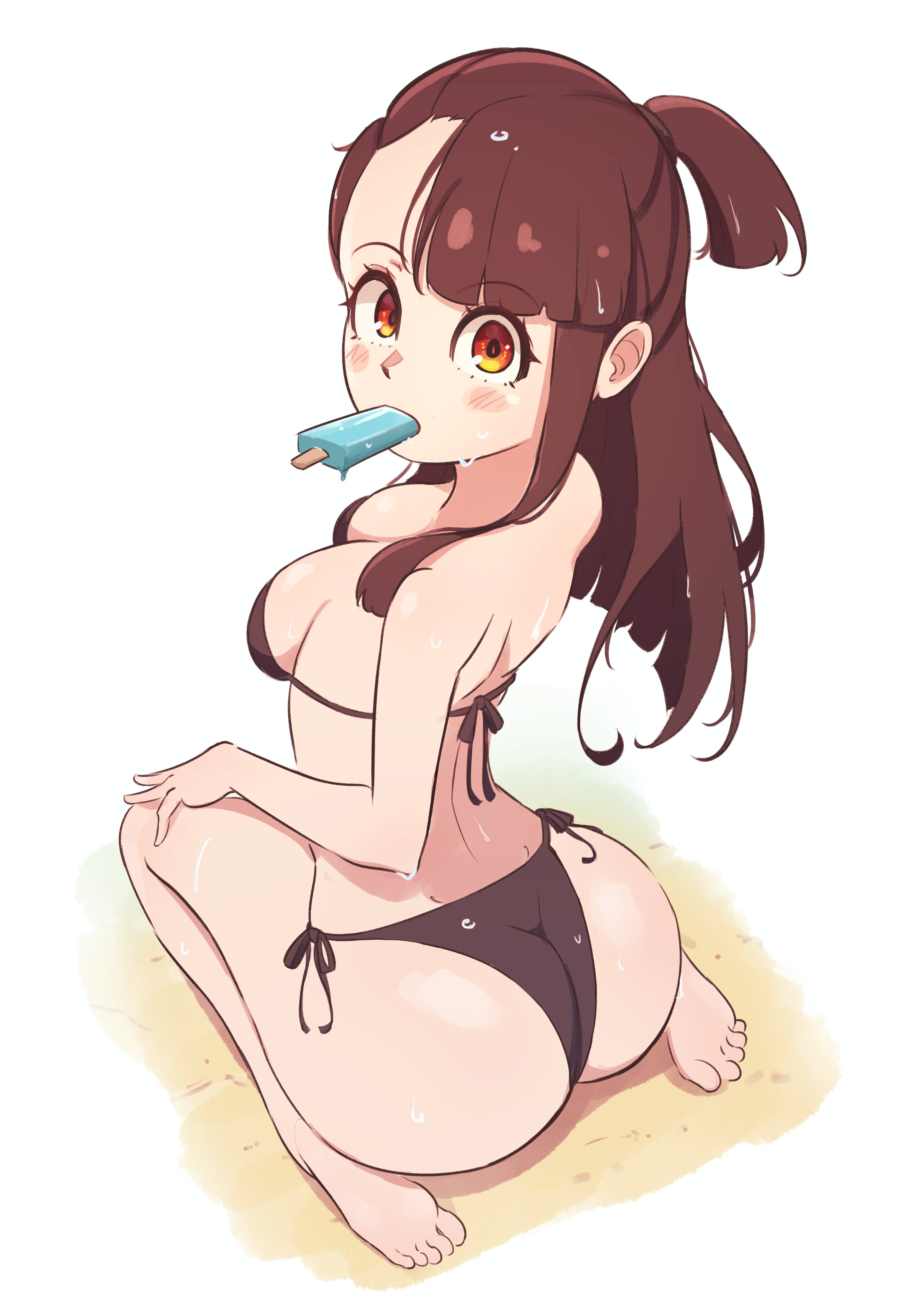 1girl, 1girls, ass, atsuko kagari, bangs, barefoot, bikini, black bikini, blush, breasts, brown hair, feet, food, food in mouth, full body, little witch academia, long hair, looking at viewer, looking back, madabauillust, medium breasts, mouth hold, popsicle, side-tie bikini, sitting, soles, solo, studio trigger, swimsuit, toes