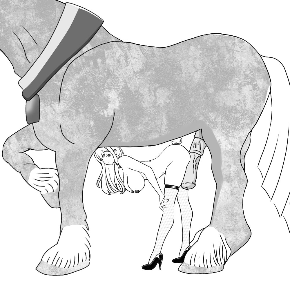2d, bangs, bent over, big breasts, big penis, black and white, busty, equine, female on feral, feral, feral on female, feral on human, fishnets, hanging breasts, high heels, horse, horsecock, huge cock, human female, human on feral, imminent bestiality, imminent sex, kitagawa marin, large breasts, monochrome, my dress up darling, noboyasm2000, presenting, presenting hindquarters, size difference, smaller female, smile, sono bisque doll wa koi wo suru, thighhighs, zoophilia
