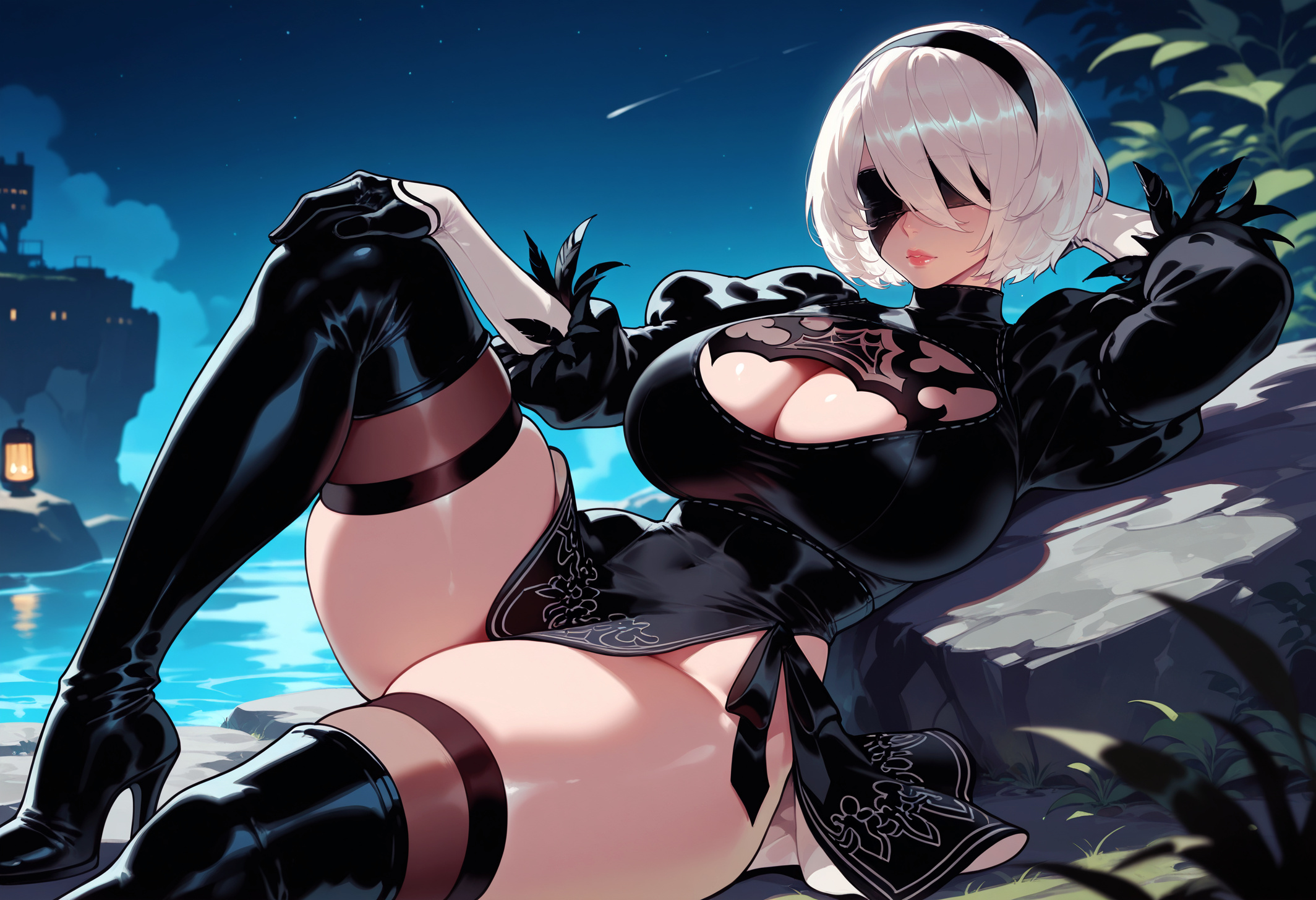 , 1girl, 1girls, 2b (nier:automata), ai generated, alternate breast size, arm behind head, balecxi, black blindfold, black dress, black footwear, black gloves, black hairband, black legwear, black thighhighs, blindfold, boots, breasts, cleavage, cleavage cutout, clothing, clothing cutout, covered eyes, covered navel, curvaceous, curvaceous female, curvaceous figure, curvy, curvy figure, dress, eyewear, feather trim, feather-trimmed sleeves, female, female focus, footwear, gloves, hairband, headwear, high heel boots, high heels, huge breasts, inviting, inviting to sex, juliet sleeves, knee up, large breasts, leather boots, legwear, leotard, lips, long sleeves, mole, mole under mouth, nier (series), nier: automata, night, night sky, outdoors, presenting, presenting ass, presenting breasts, presenting hindquarters, presenting self, puffy sleeves, seductive, seductive look, seductive smile, shoes, shooting star, short dress, short hair, sky, solo, star (sky), thick thighs, thigh boots, thighhighs, thighhighs under boots, thighs, voluptuous, voluptuous female, water, white hair, yorha 2b, yorha no.2 type b