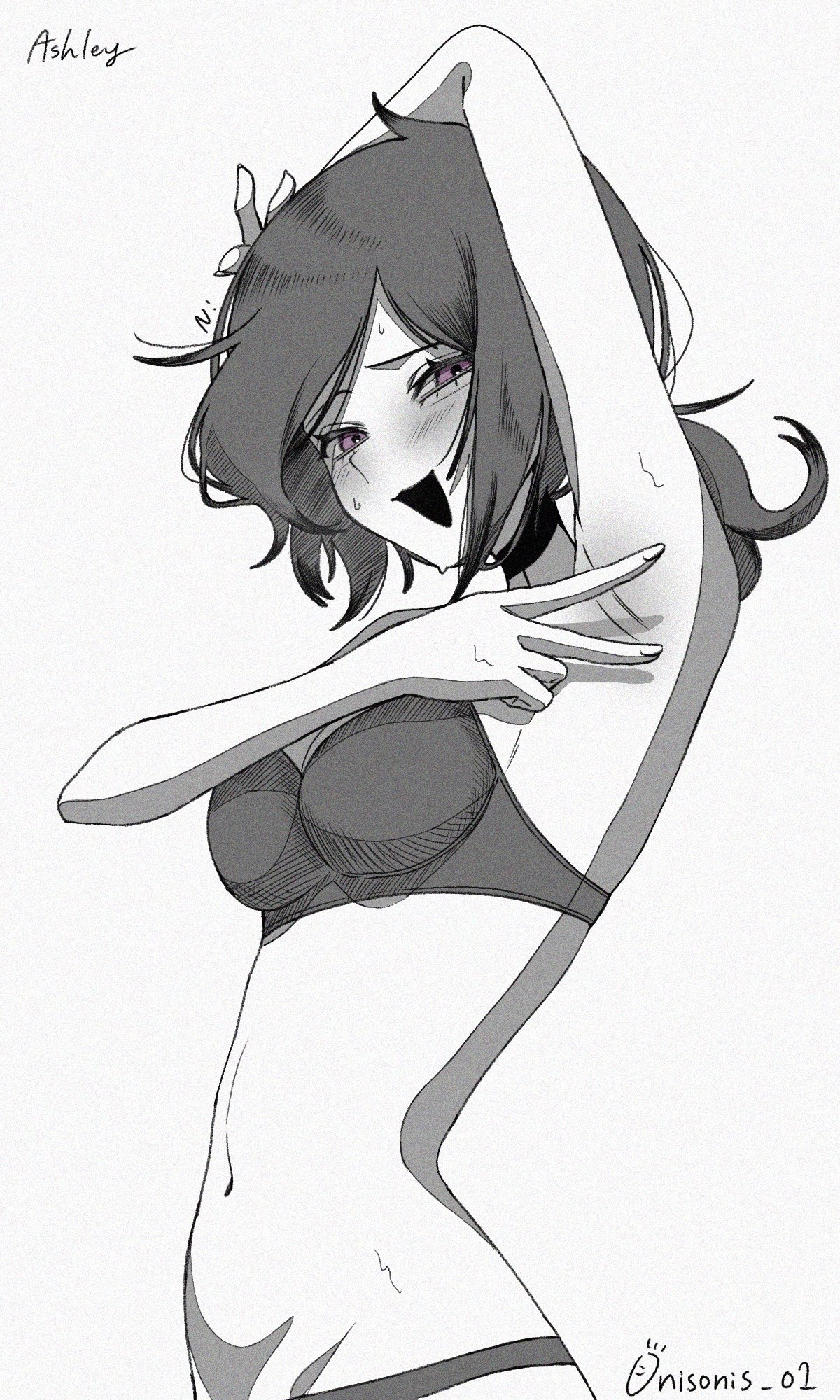 1girls, 2d, armpit, armpit fetish, armpit focus, armpits, ashley graves, black hair, bra, breasts, choker, female, female only, looking at viewer, nisoniso 01, panties, pink eyes, ponytail, presenting armpit, solo, solo female, the coffin of andy and leyley, underwear