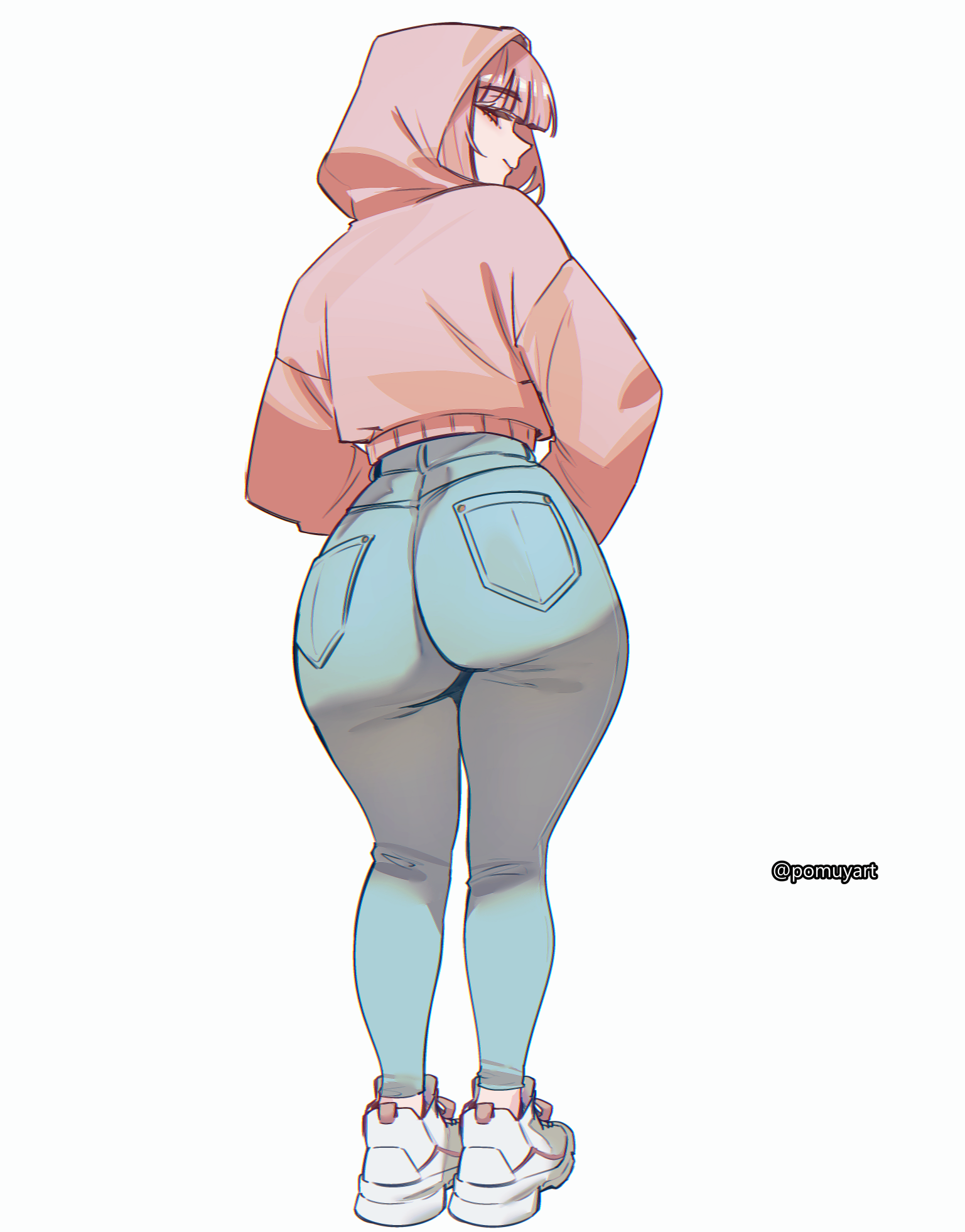 1girls, apple butt, ass, baby blue clothing, back view, baggy clothing, big ass, blue clothing, blue jeans, bubble ass, bubble butt, clothed, clothed female, clothing, content smile, coral pink clothing, dat ass, female, footwear, full body, fully clothed, fully clothed female, gluteal fold, highleg, highleg jeans, highleg pants, hololive, hololive english, hololive myth, hood up, hoodie, huge ass, jeans, kneepits, legs, light blue clothing, light blue jeans, light skin, light-skinned female, limited color, limited palette, long ass, long sleeves, looking at viewer, looking back, looking to the side, low-angle view, matching hair/clothes, mori calliope, narrowed eyes, pink clothing, pink hair, pink hoodie, plain background, plapbait, png, pomuya, rear view, red eyes, running shoes, salmon pink clothing, solid color background, solo, thick thighs, thighs, tight clothes, tight clothing, tight jeans, viewed from behind, virtual youtuber, vtuber, watermark, white background, white footwear