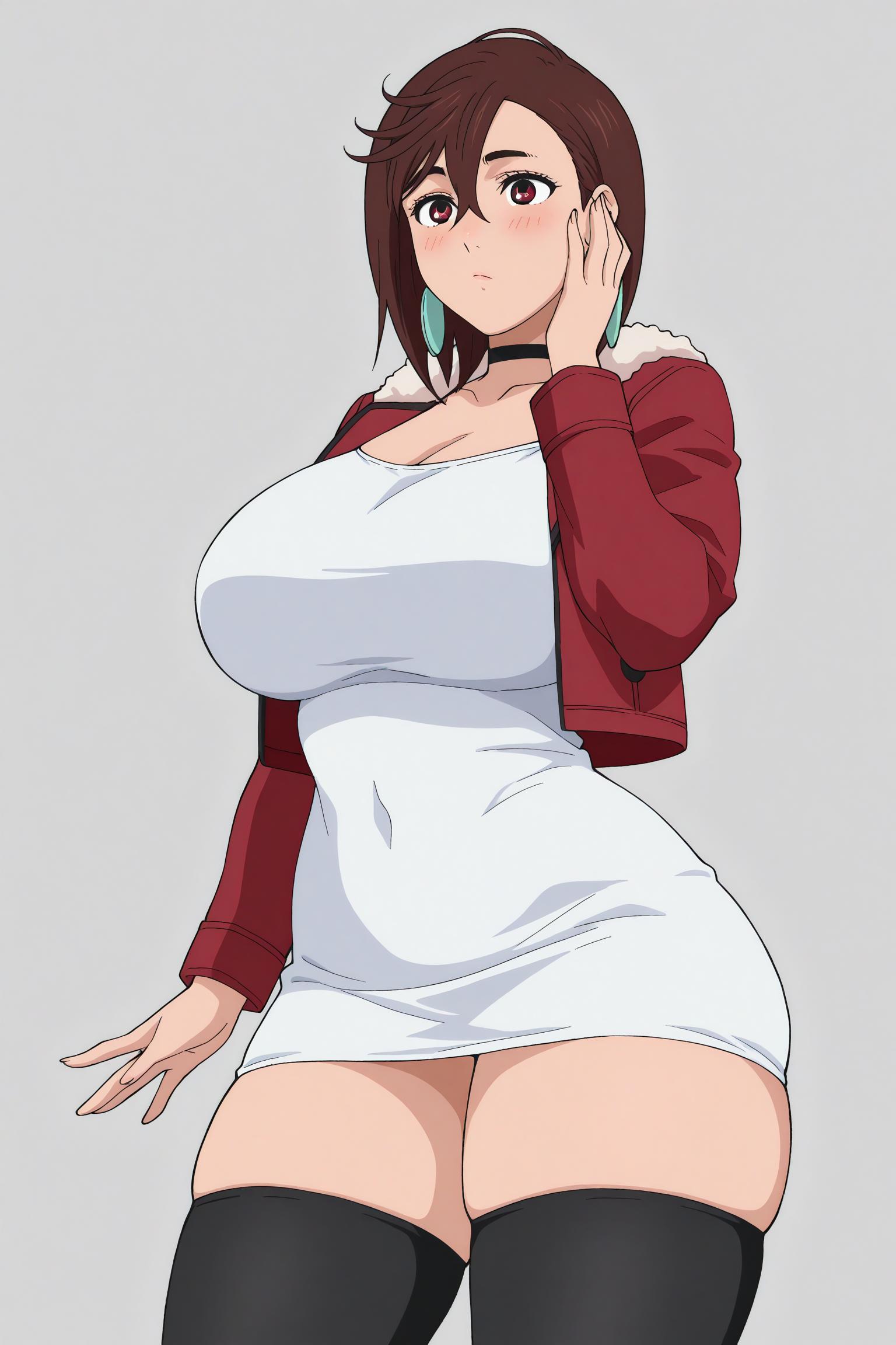 1female, 1girl, 1girls, 2026, ai generated, ayase momo, big ass, big breasts, black choker, black thighhighs, blush, breasts, brown eyes, brown hair, choker, cleavage, covered navel, curvy, dandadan, dress, earrings, female, female only, fur trim, grey background, hair between eyes, hand on own face, hi res, high quality, high resolution, highres, huge ass, huge breasts, jacket, jewelry, large breasts, looking at viewer, momo ayase, red jacket, short dress, short hair, simple background, solo, thick thighs, thighhighs, thighs, unjobdespiert, white dress, zettai ryouiki