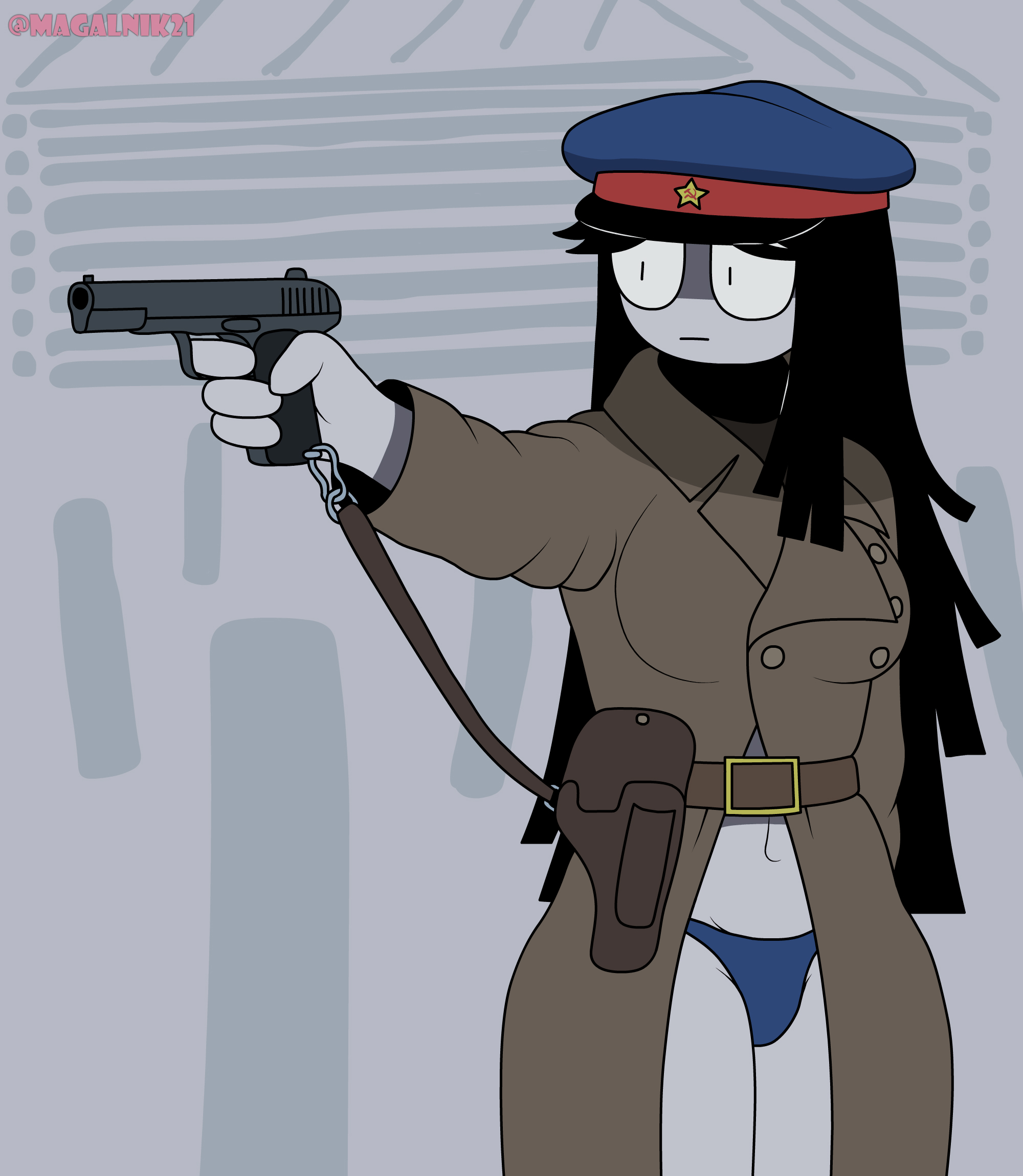 1girls, aiden (kaaatie), black hair, blue panties, coat, dangerous forest, emotionless, exposed skin, fundamental paper education, holster, magalnik, no pants, pale skin, panties, pistol, pointing gun, russian, self upload, simple background, soviet, tagme, trenchcoat, uniform, weapon, white background, winter