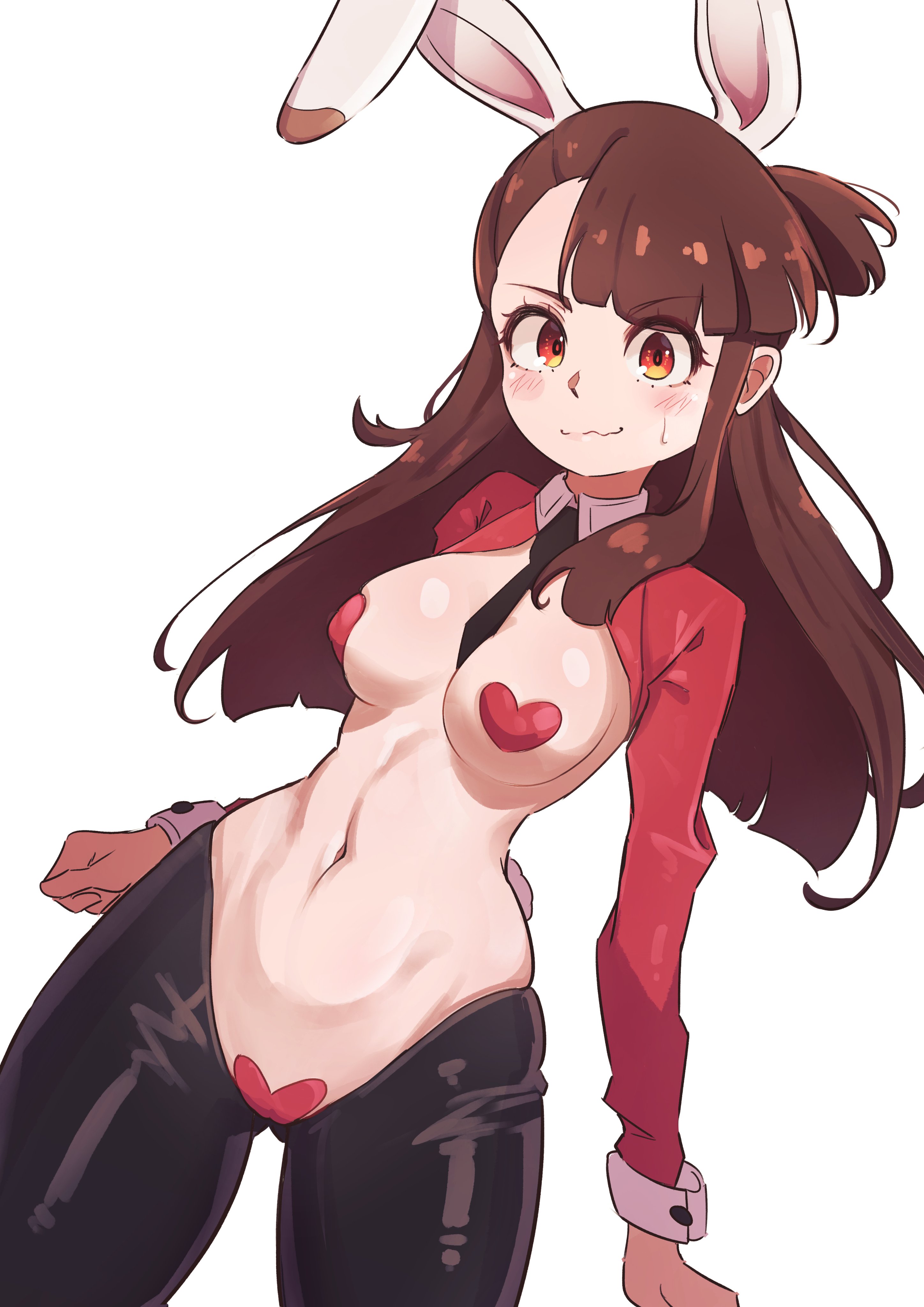 1girls, animal ears, atsuko kagari, bangs, black legwear, blush, bow, bowtie, breasts, brown hair, bunny ears, bunny girl, closed mouth, covered nipples, cropped jacket, eyebrows visible through hair, fake animal ears, female, female only, heart pasties, hourglass figure, little witch academia, long hair, long sleeves, looking at viewer, madabauillust, maebari, medium breasts, meme attire, navel, necktie, pasties, red eyes, revealing clothes, reverse bunnysuit, reverse cowgirl position, reverse outfit, shrug (clothing), simple background, skimpy clothes, slim waist, small waist, smile, solo, stomach, studio trigger, tail, thick eyebrows, white background, wrist cuffs